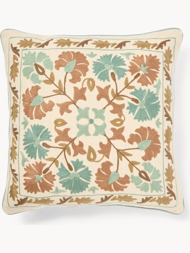 Cotton slub pillow with floral embroidery, 45x45cm - Discounted Price