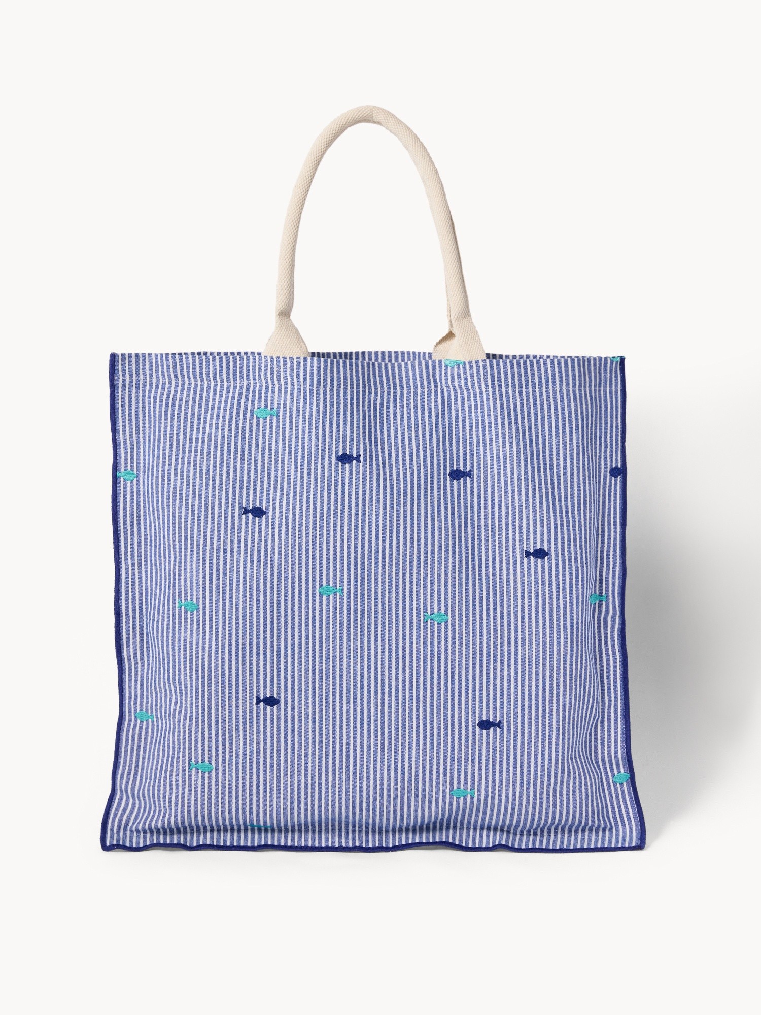 Striped cotton tote bag with fish embroidery, White / Blue, large image number 0