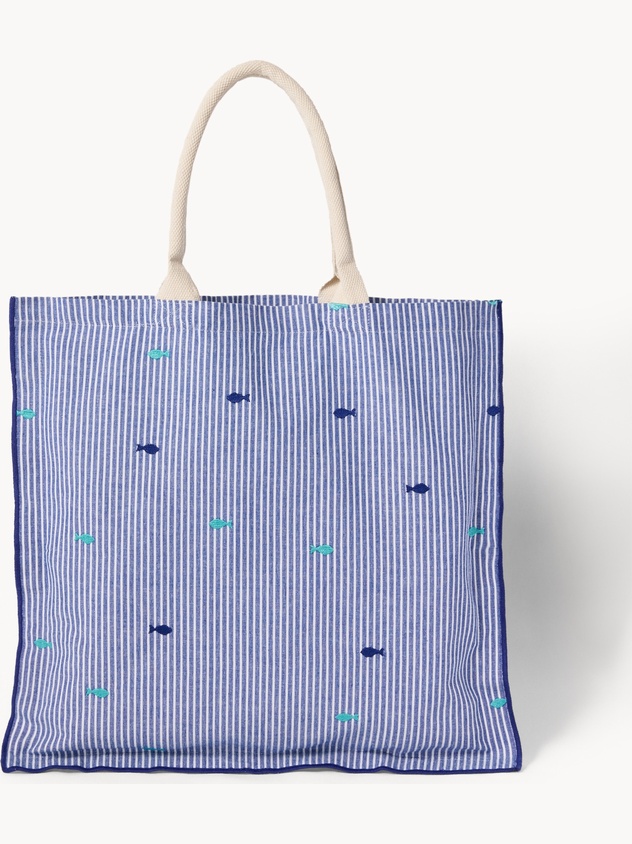 Striped cotton tote bag with fish embroidery