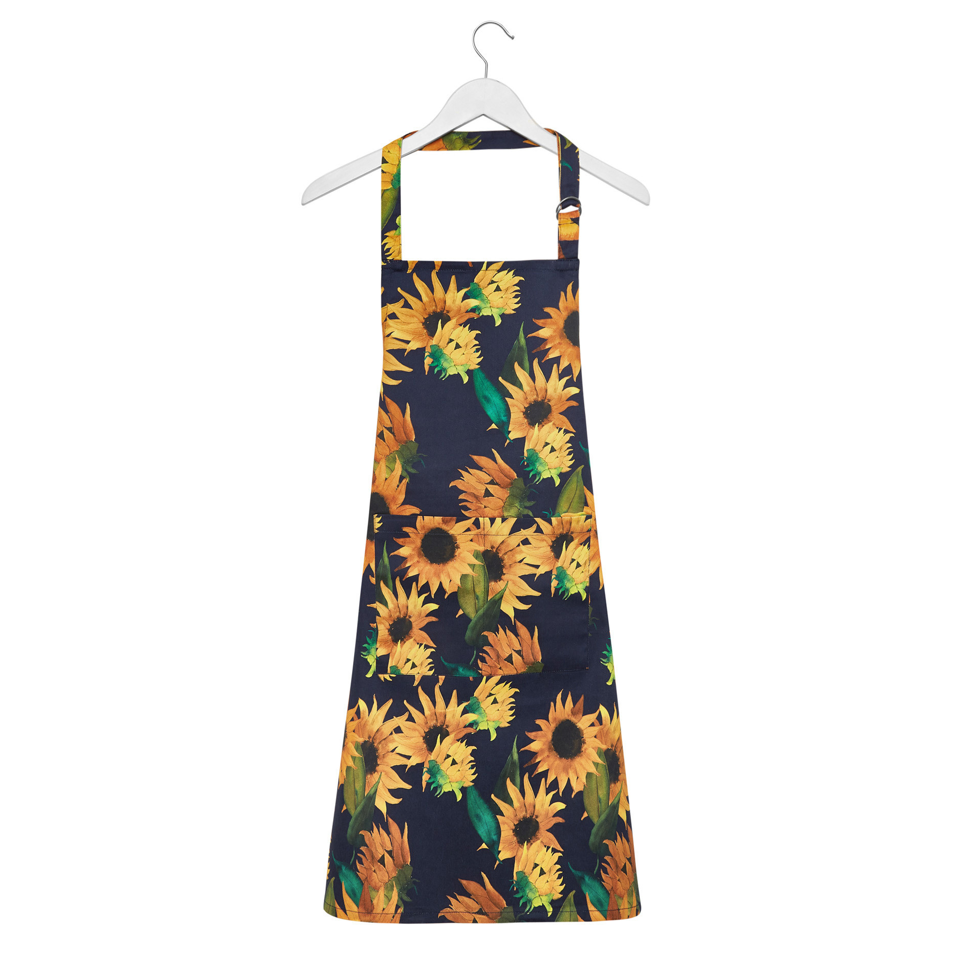 Kitchen apron in cotton twill with sunflowers print, Dark Blue, large image number 0