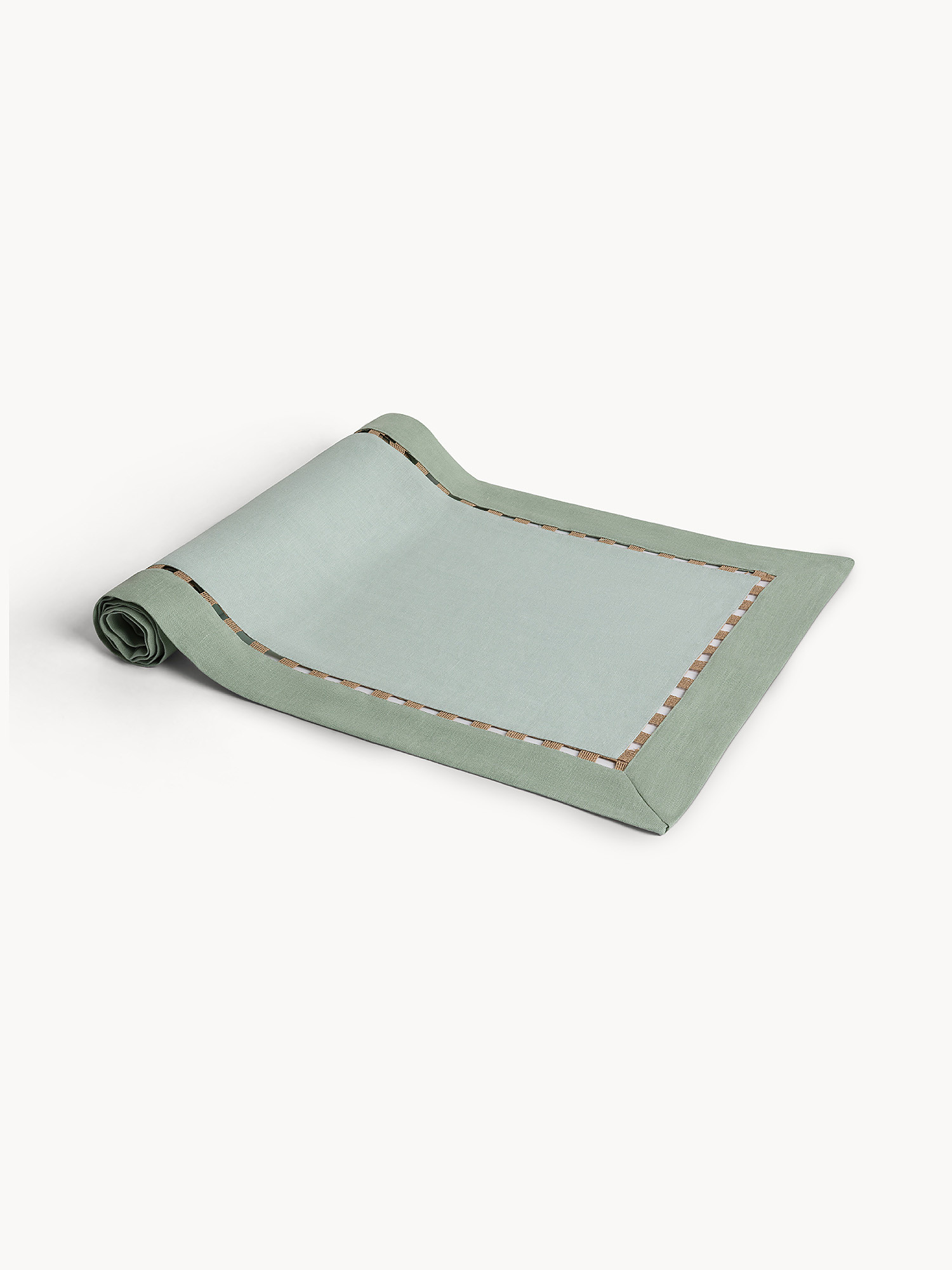 Pure linen runner embellished with refined lace, Light Green, large image number 1