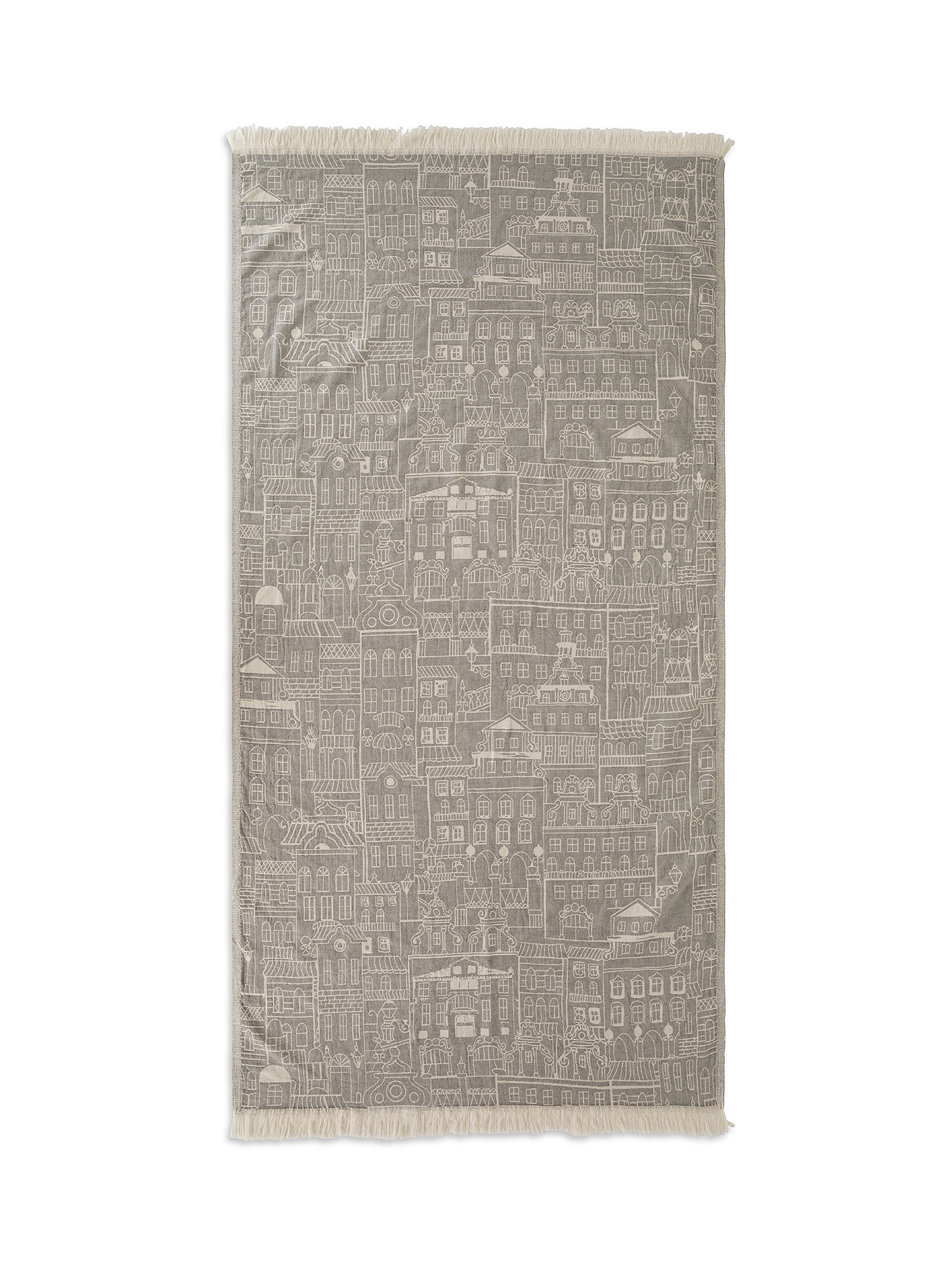 Light cotton hammam beach towel with houses motif, Grey, large image number 0