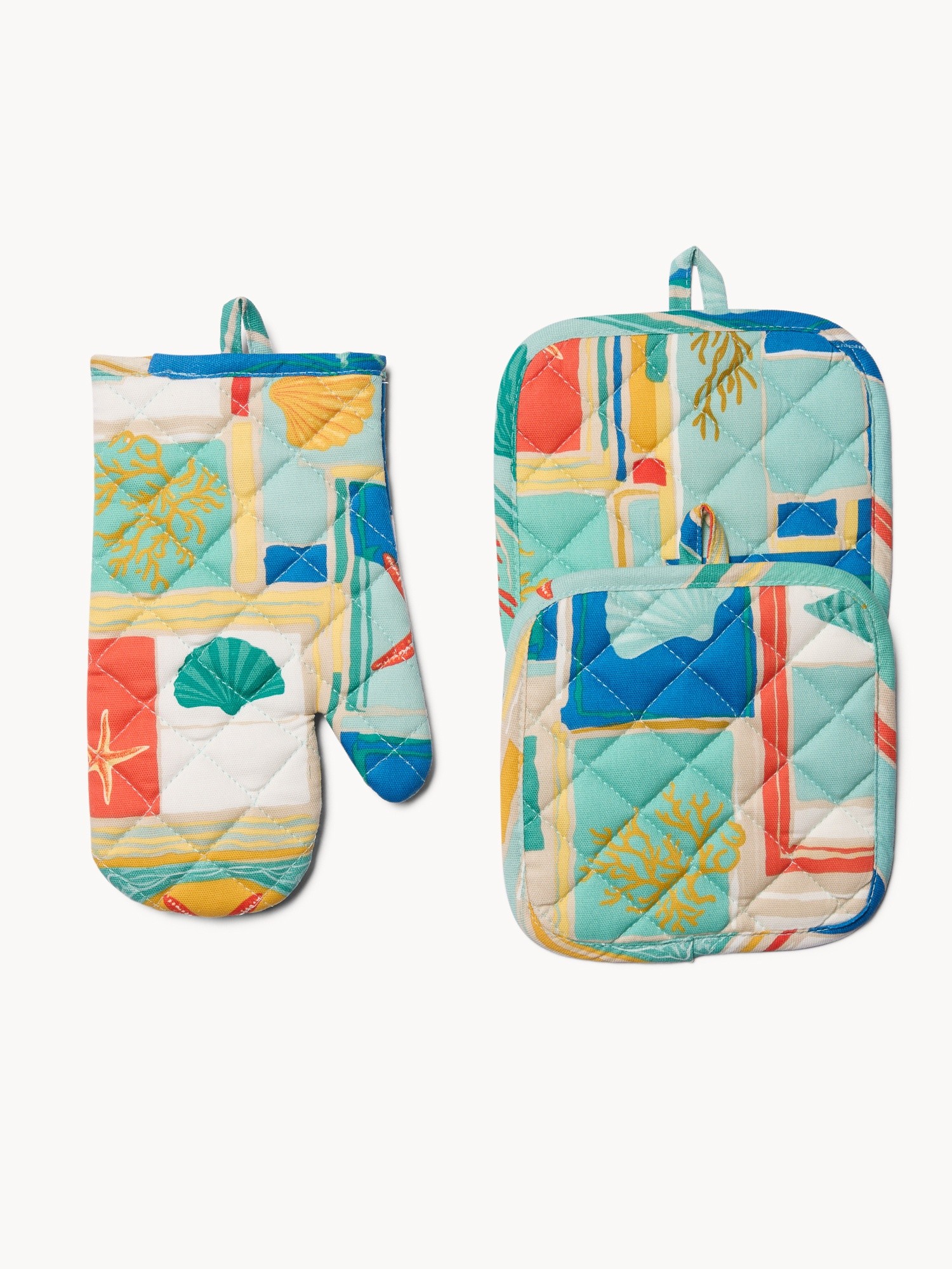 Set of 2 Cotton Panama Oven Mitts and Pot Holders with Geometric Print - Introductory Price, Verde/Azzurro, large image number 0
