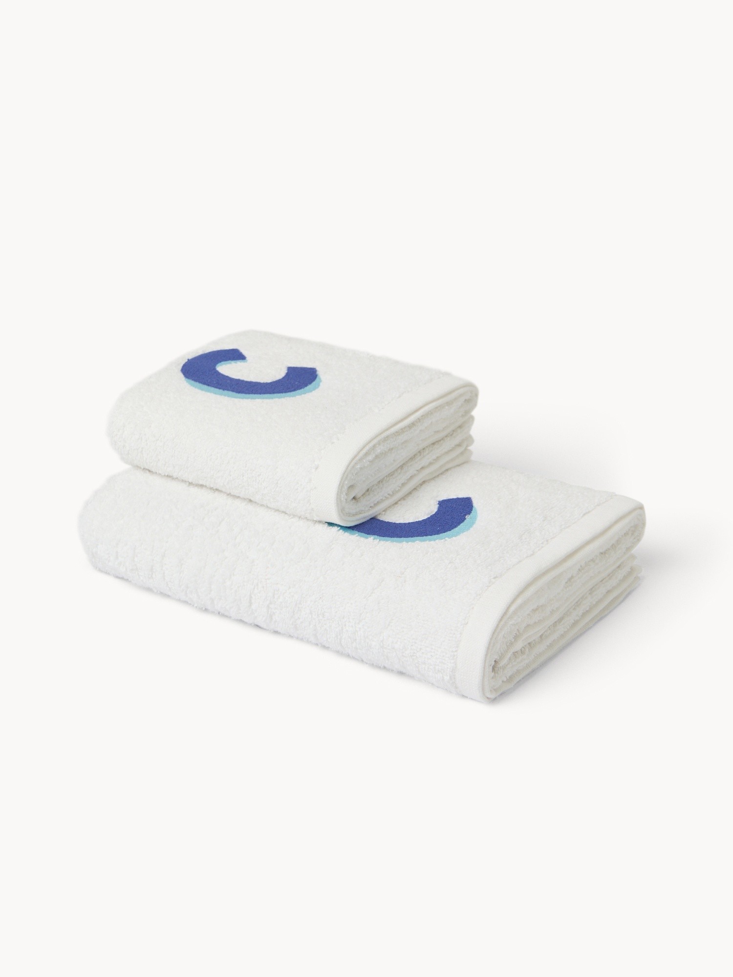 Set 2 asciugamani in spugna di cotone ricamo lettera C, Bianco, large image number 0