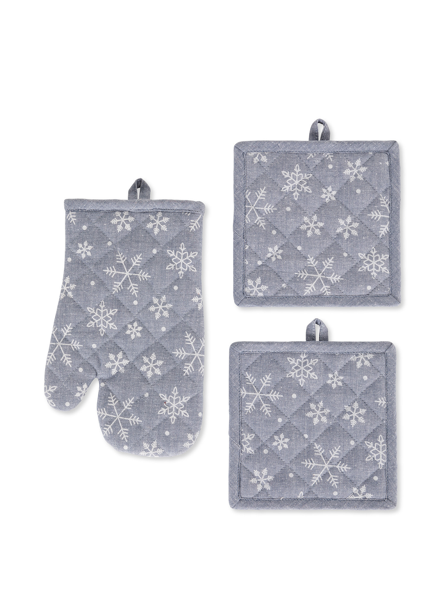 Set of 2 pot holders and kitchen mitt in cotton with lurex snowflakes pattern, Light Blue, large image number 0