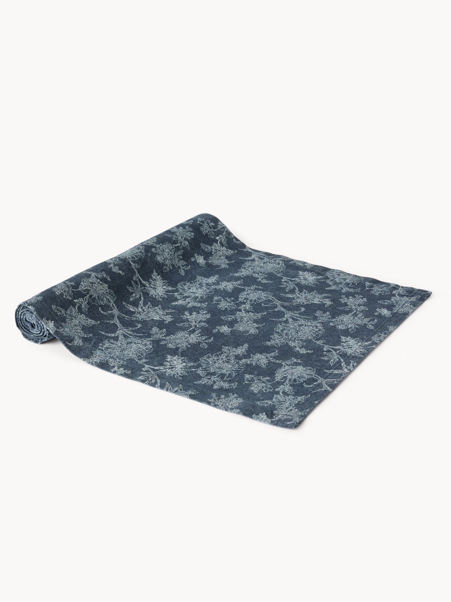 Cotton Twill Table Runner with Denim-Effect Floral Print - Discounted Price, Blue, large image number 0