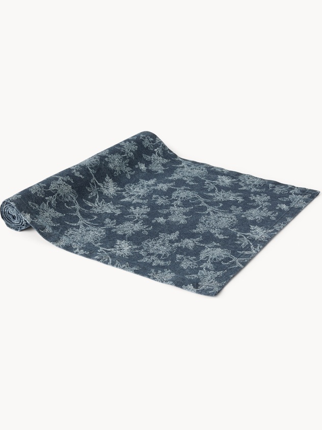 Cotton Twill Table Runner with Denim-Effect Floral Print - Discounted Price