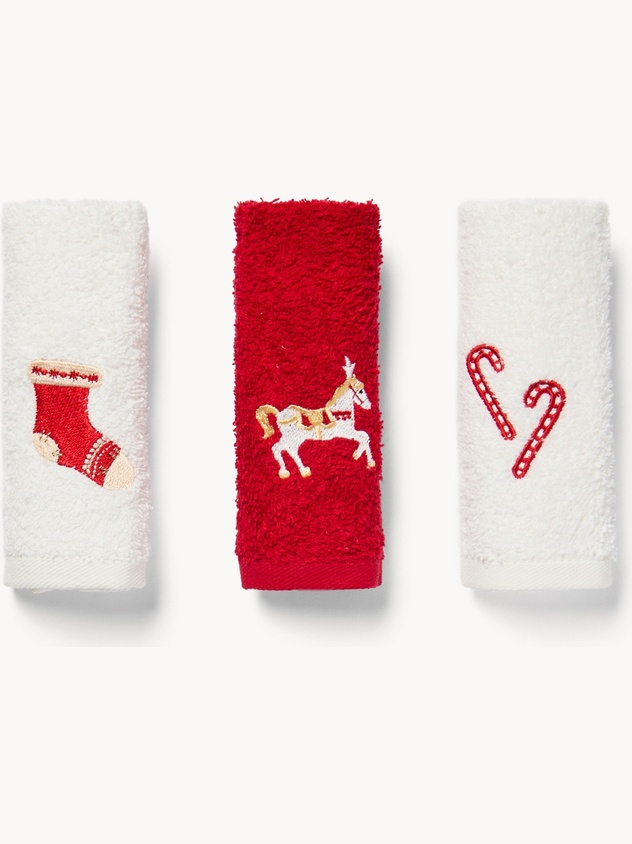 Set 3 lavette in spugna di cotone ricamo natalizio