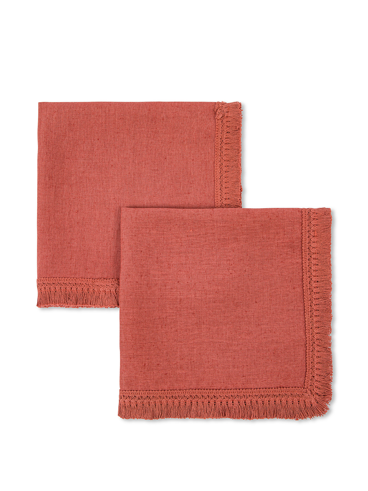 Set of 2 solid color 100% linen napkins with fringes, Coral Red, large image number 0