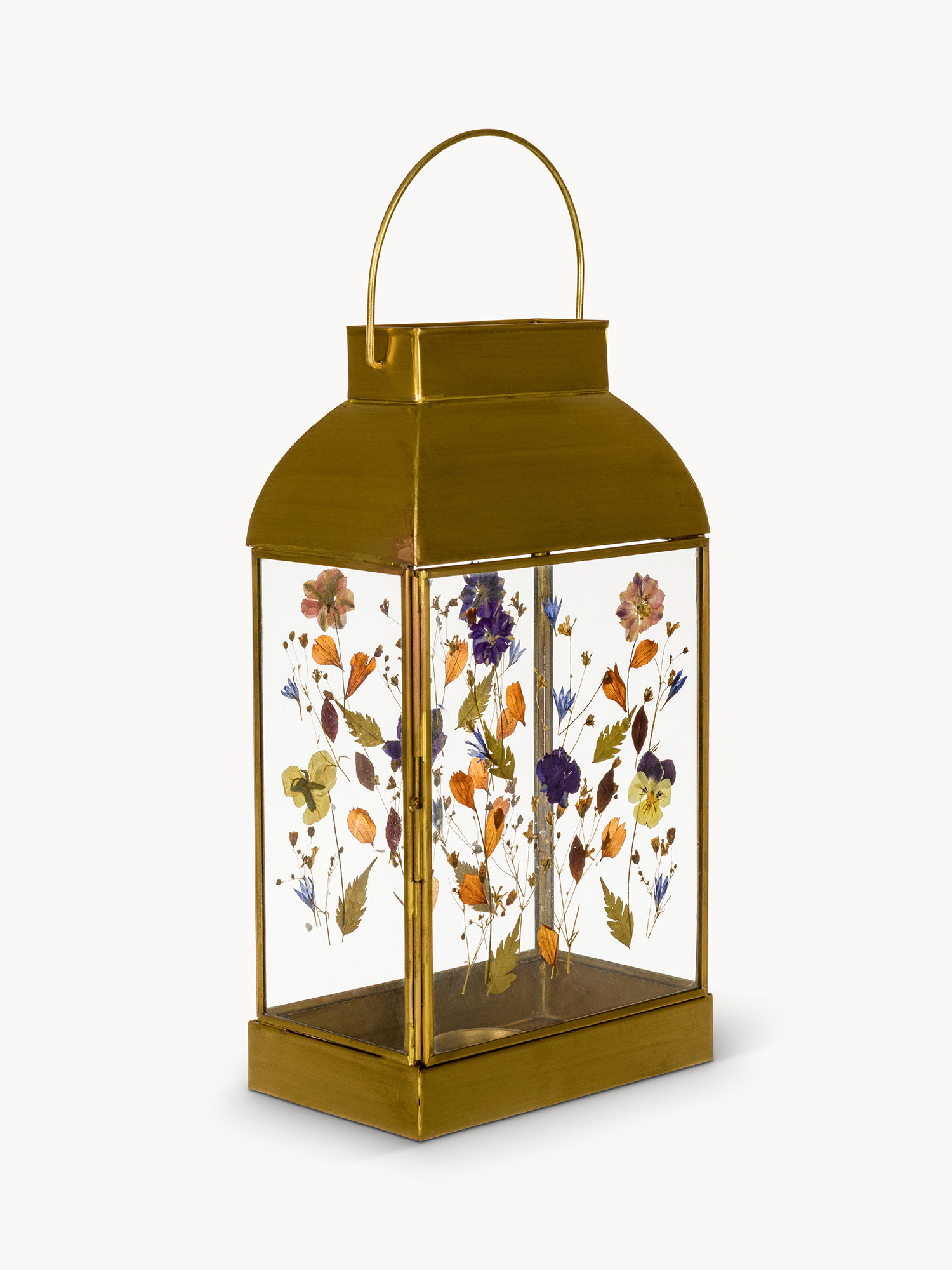Glass and brass lantern with dried flowers, Gold, large image number 0