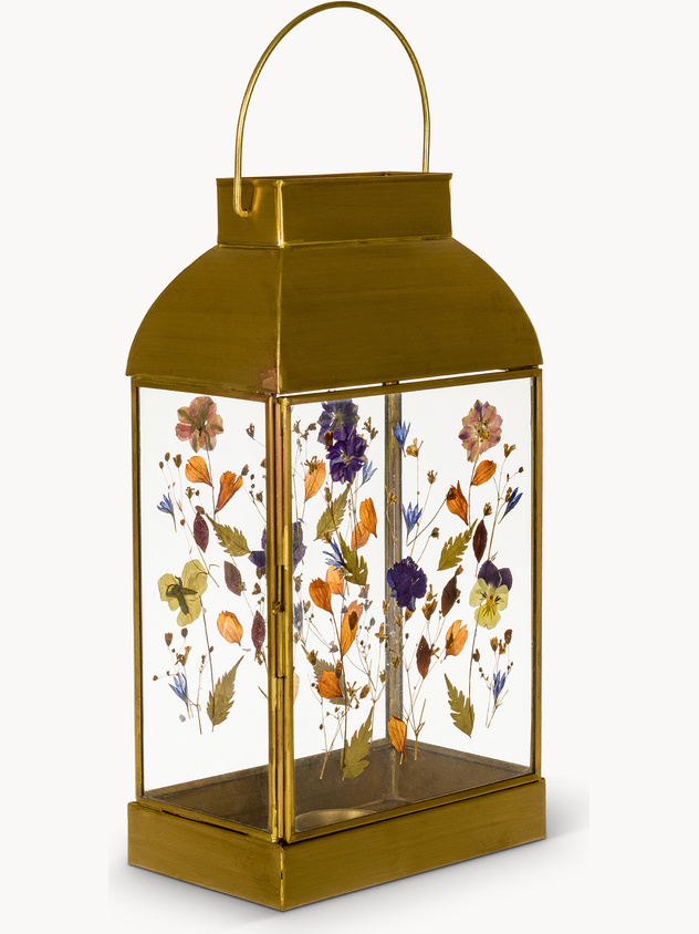 Lanterna in vetro ed ottone con fiori secchi