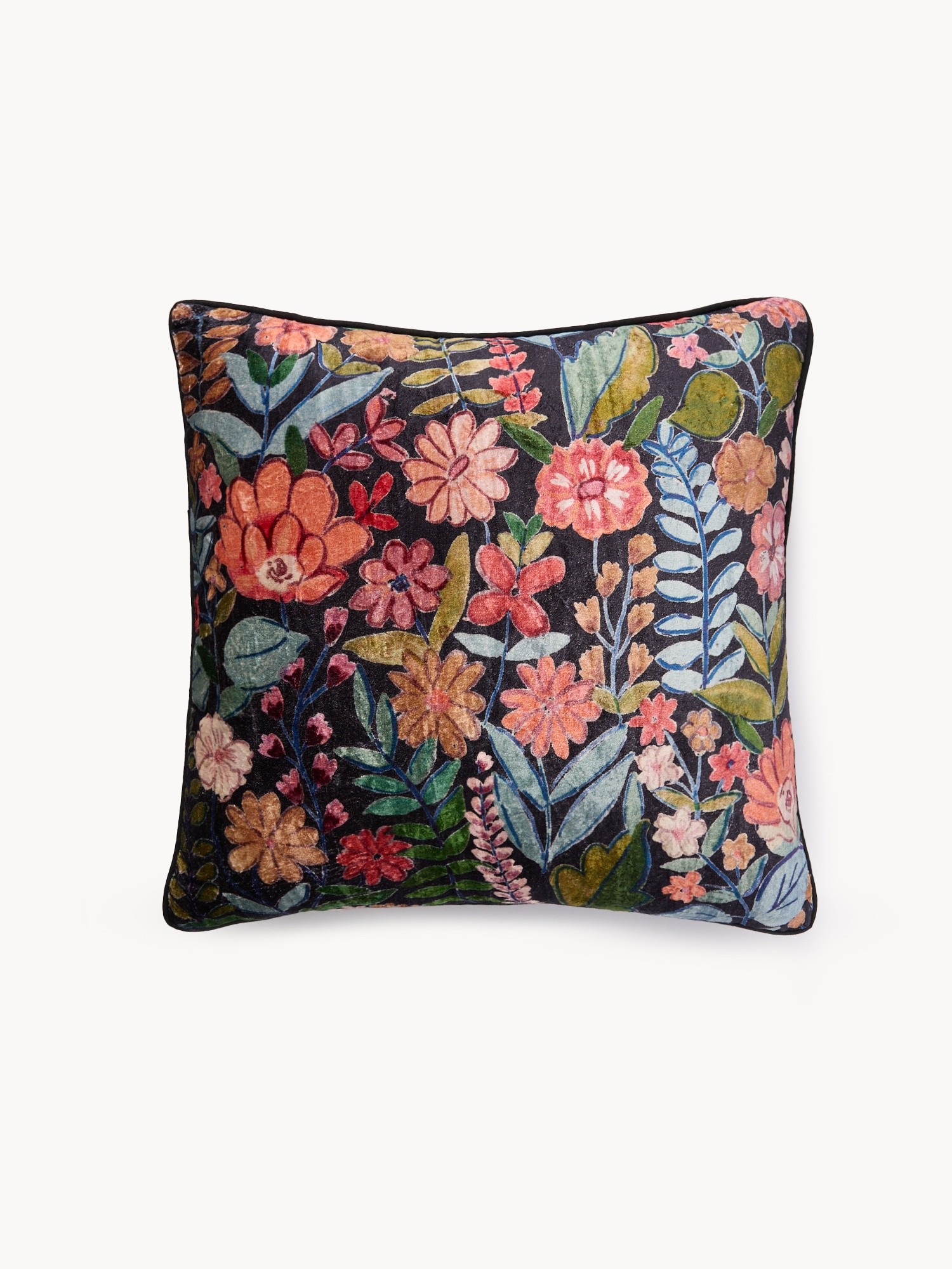 Floral print velvet cushion 50x50cm, Blue, large image number 0
