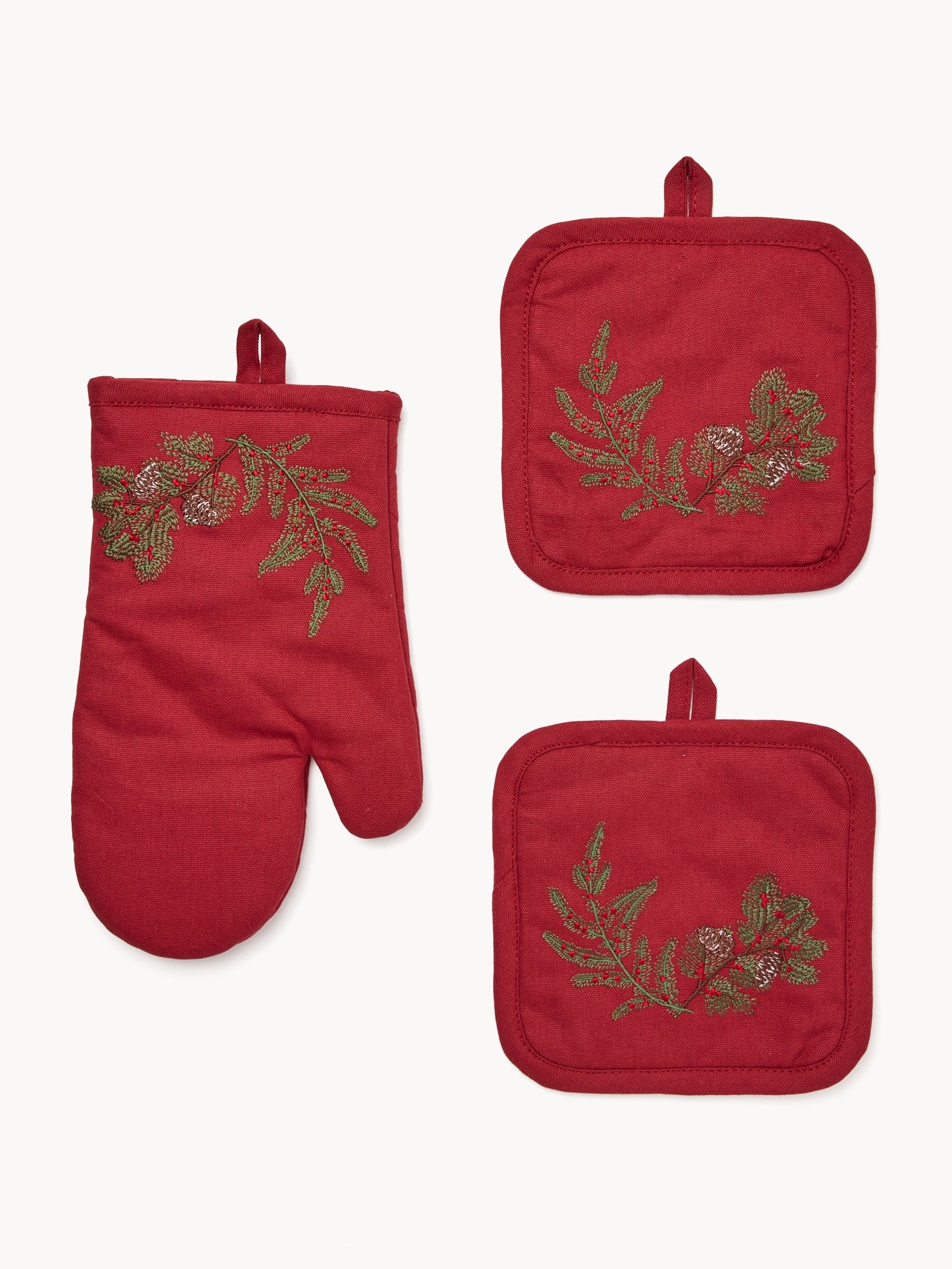 Set of 2 pot holders and an oven mitt in pure cotton twill with holly embroidery, Red, large image number 0