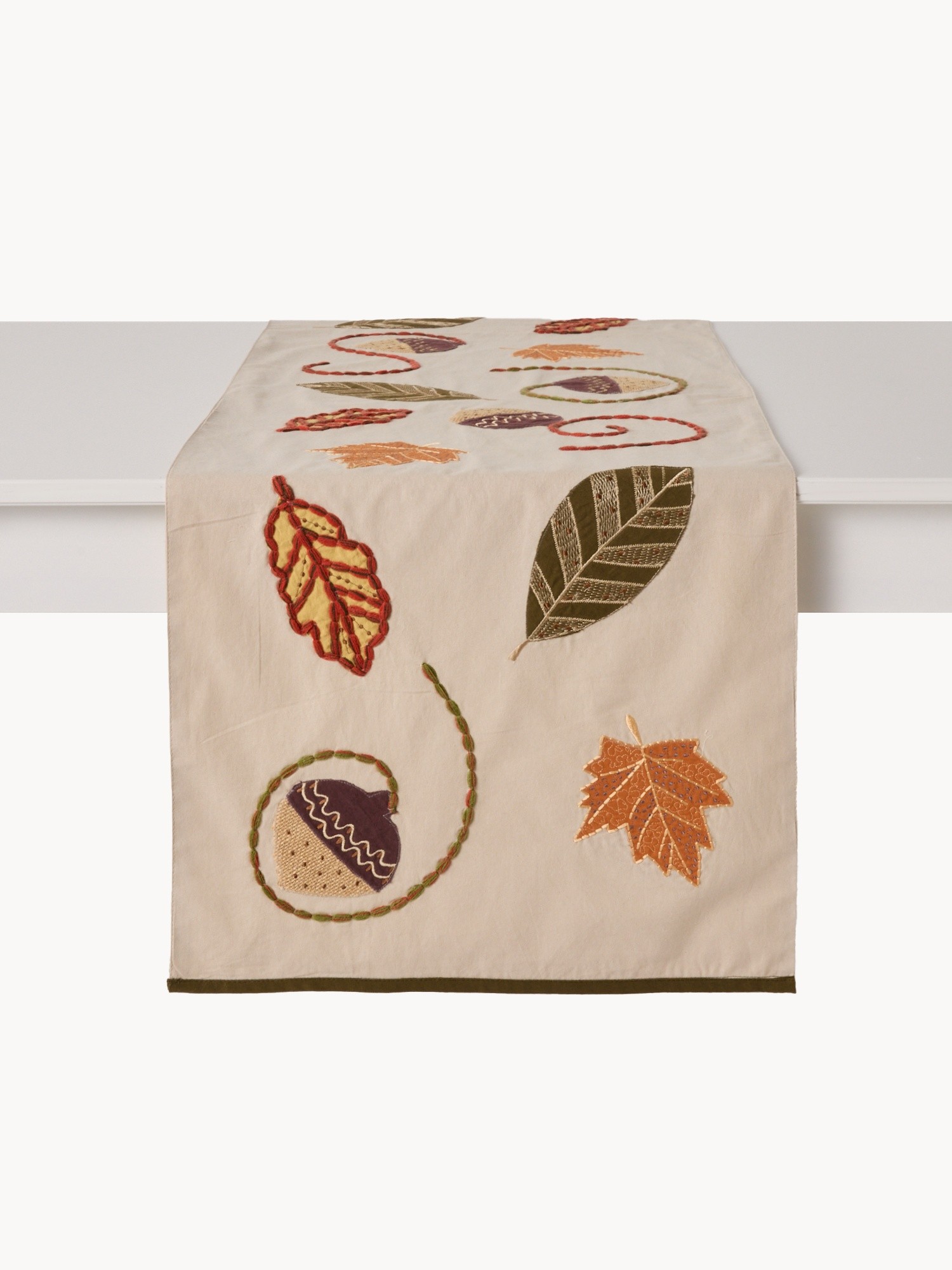Cotton table runner with foliage embroidery, Beige / Brown, large image number 1