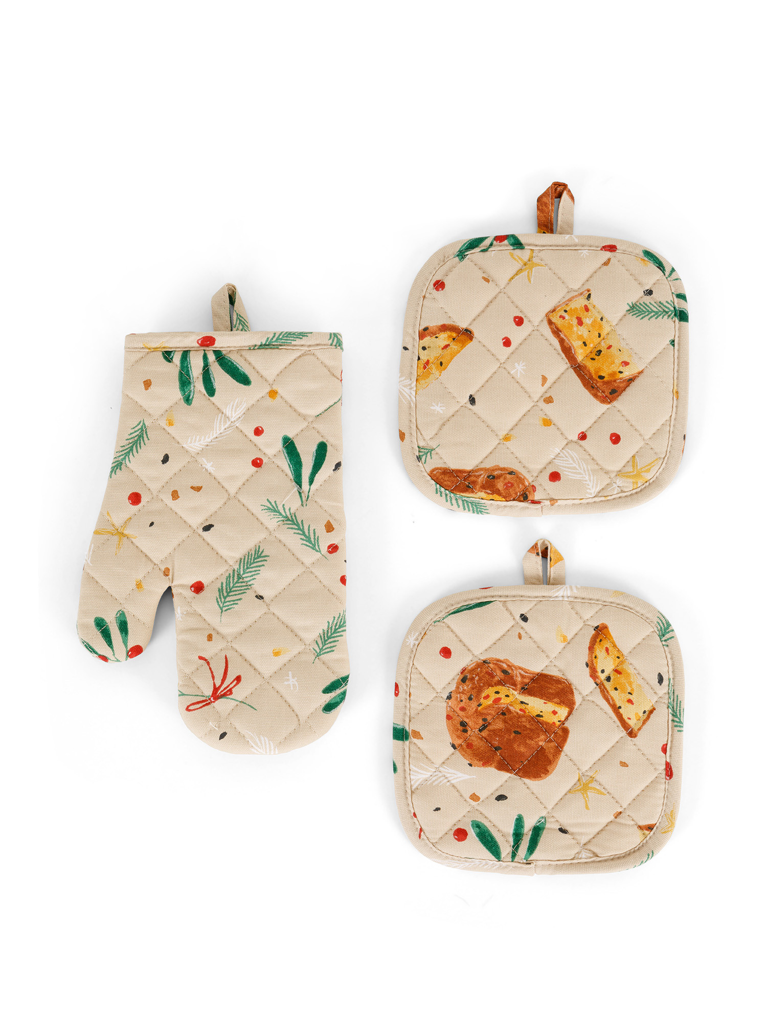 Set of 2 pot holders and panama kitchen mitt in panettone print cotton, Beige, large image number 0