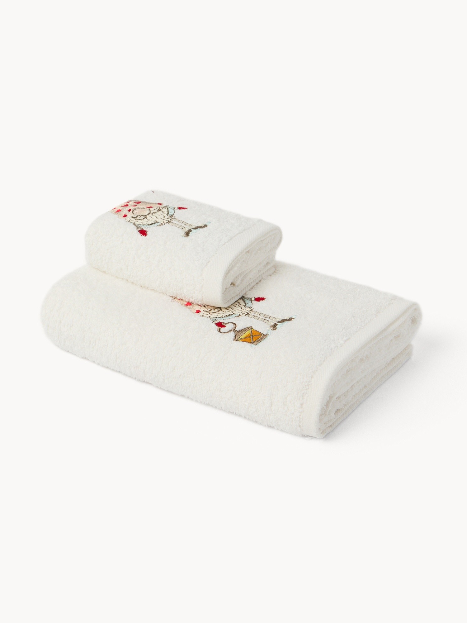 Set 2 asciugamani in spugna di cotone con ricamo gnomo natalizio, Bianco, large image number 0