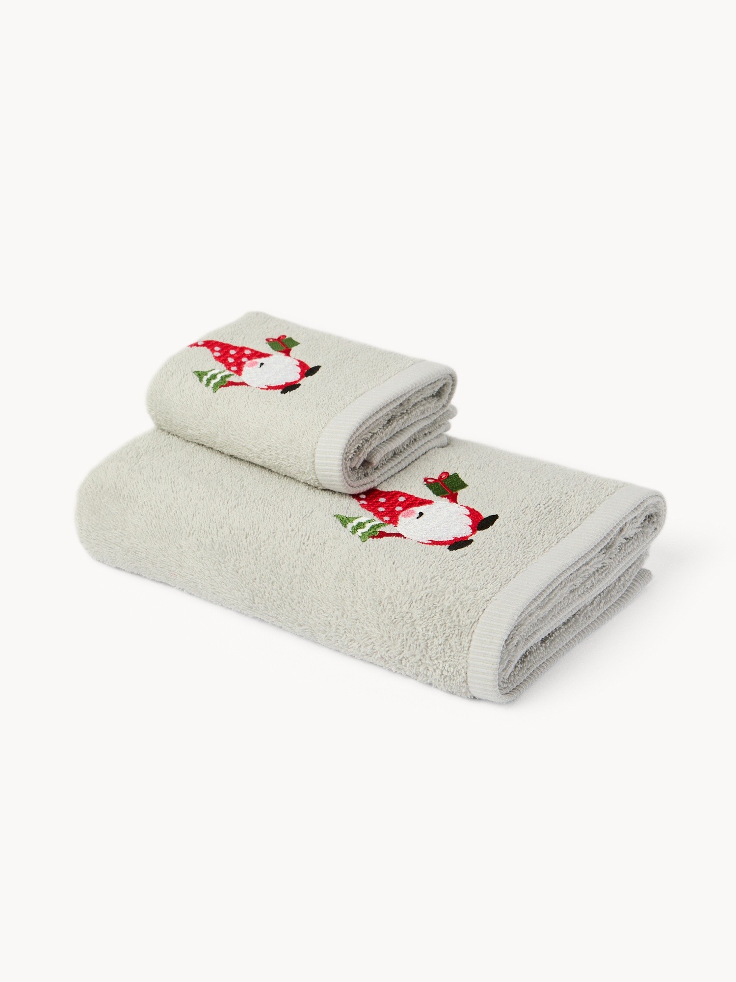 Set of 2 cotton terry towels with embroidered gnome, Grey, large image number 0