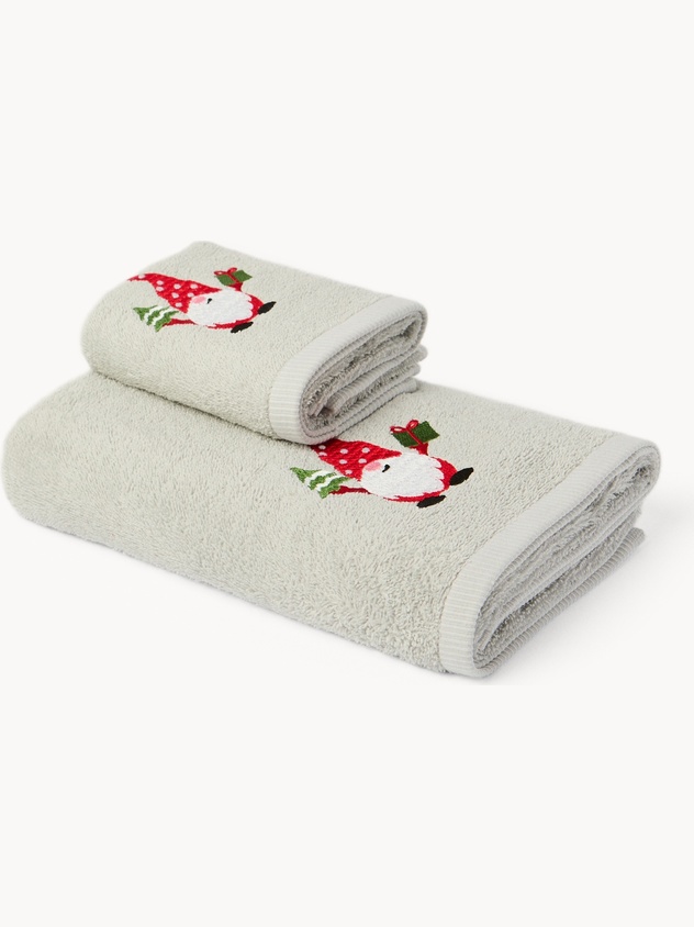 Set 2 asciugamani in spugna di cotone con gnomo ricamato