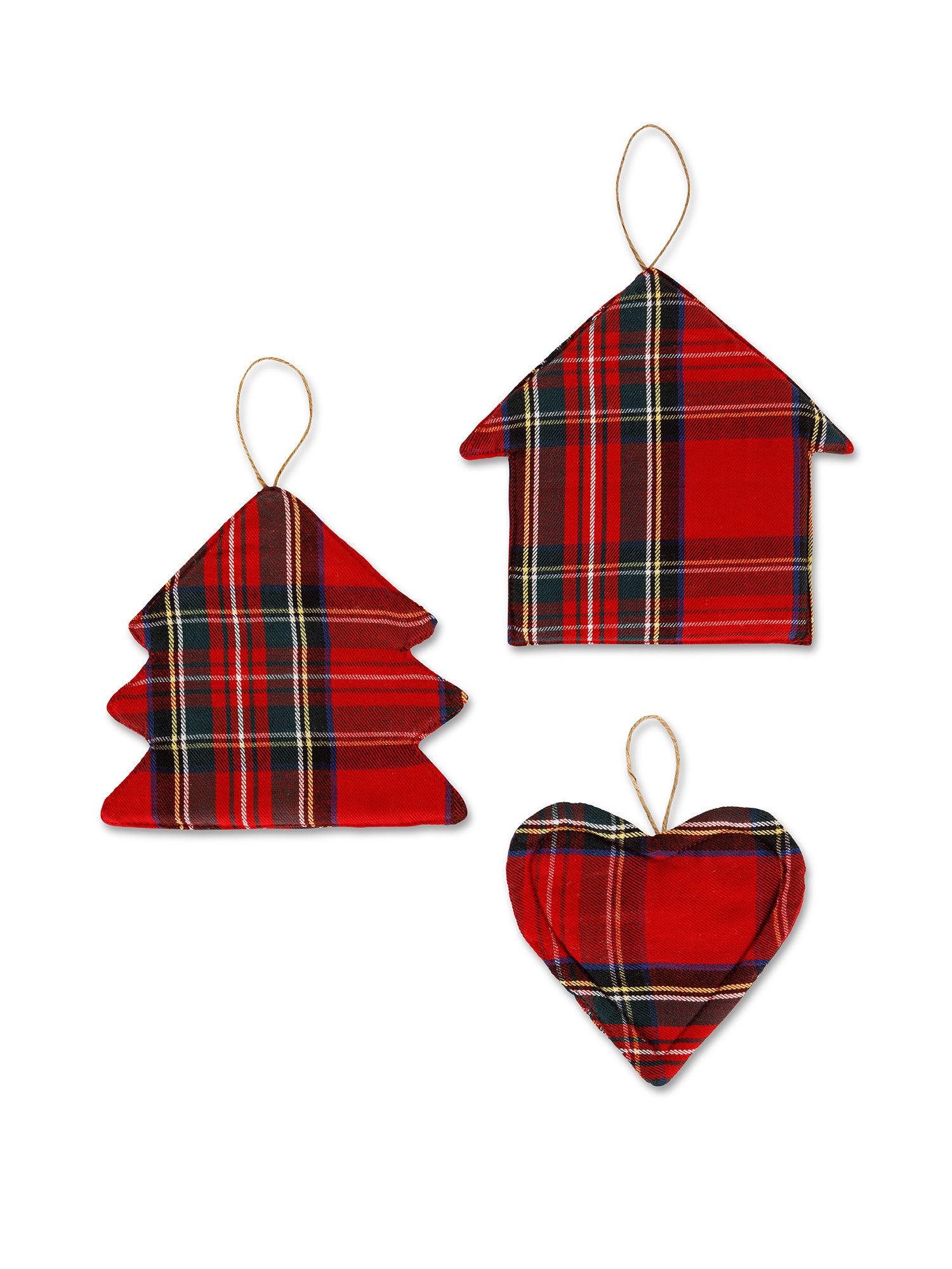 Set of 3 tartan cotton twill decorations, Red, large image number 0