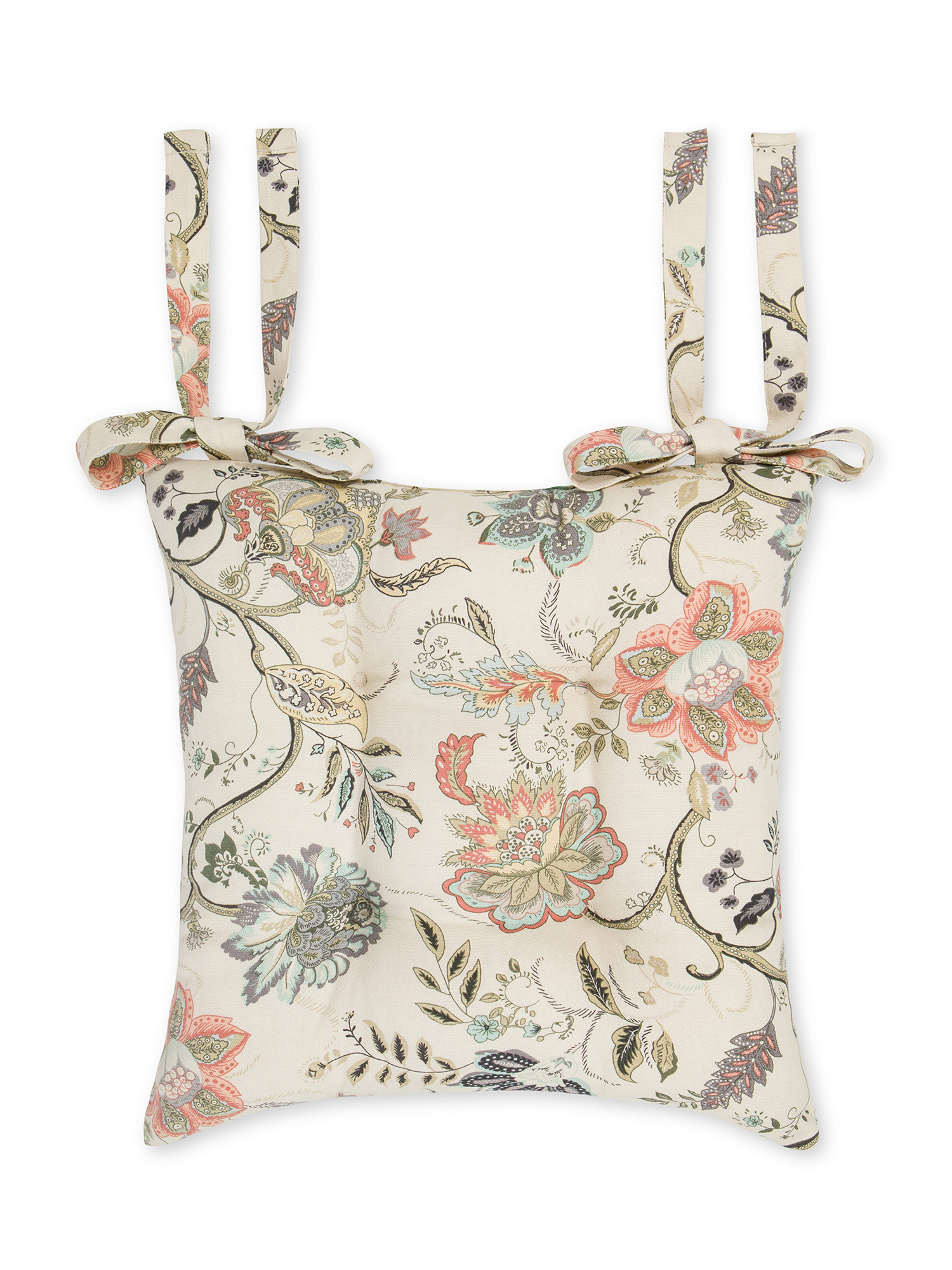 Cuscino da sedia panama di cotone stampa a fiori, Beige, large image number 0