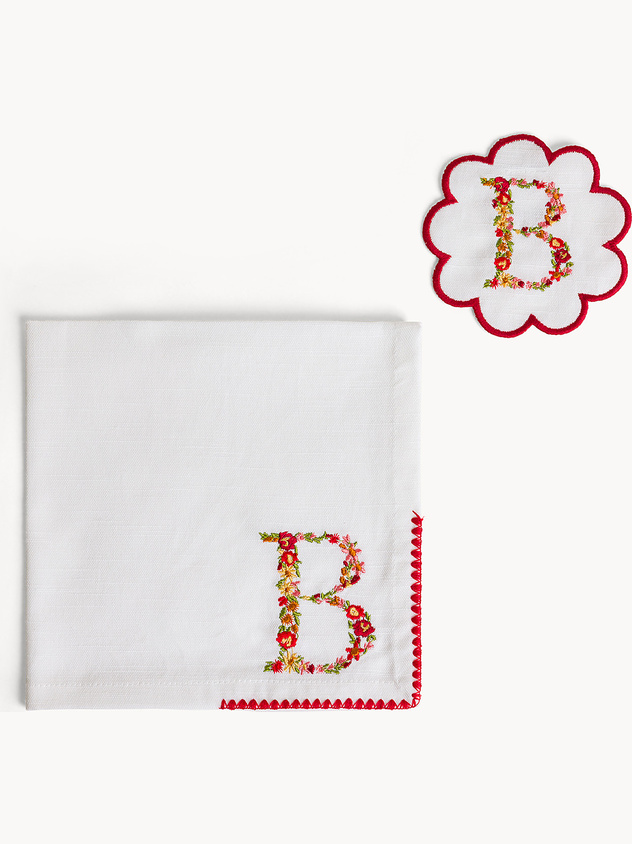 Napkin and coaster set with embroidered letter B