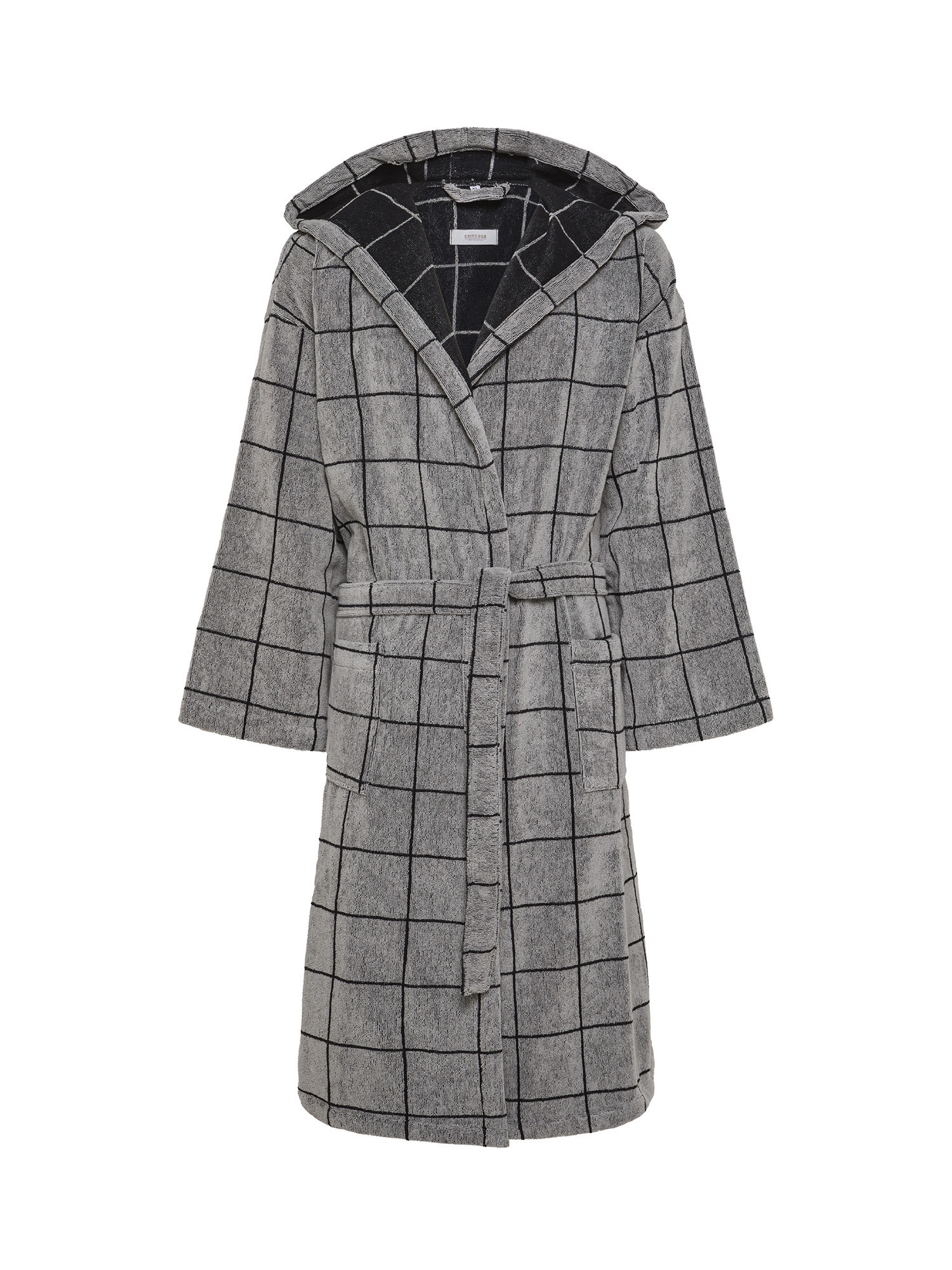 Bathrobe with hood in checked jacquard pure cotton terry, Black, large image number 0