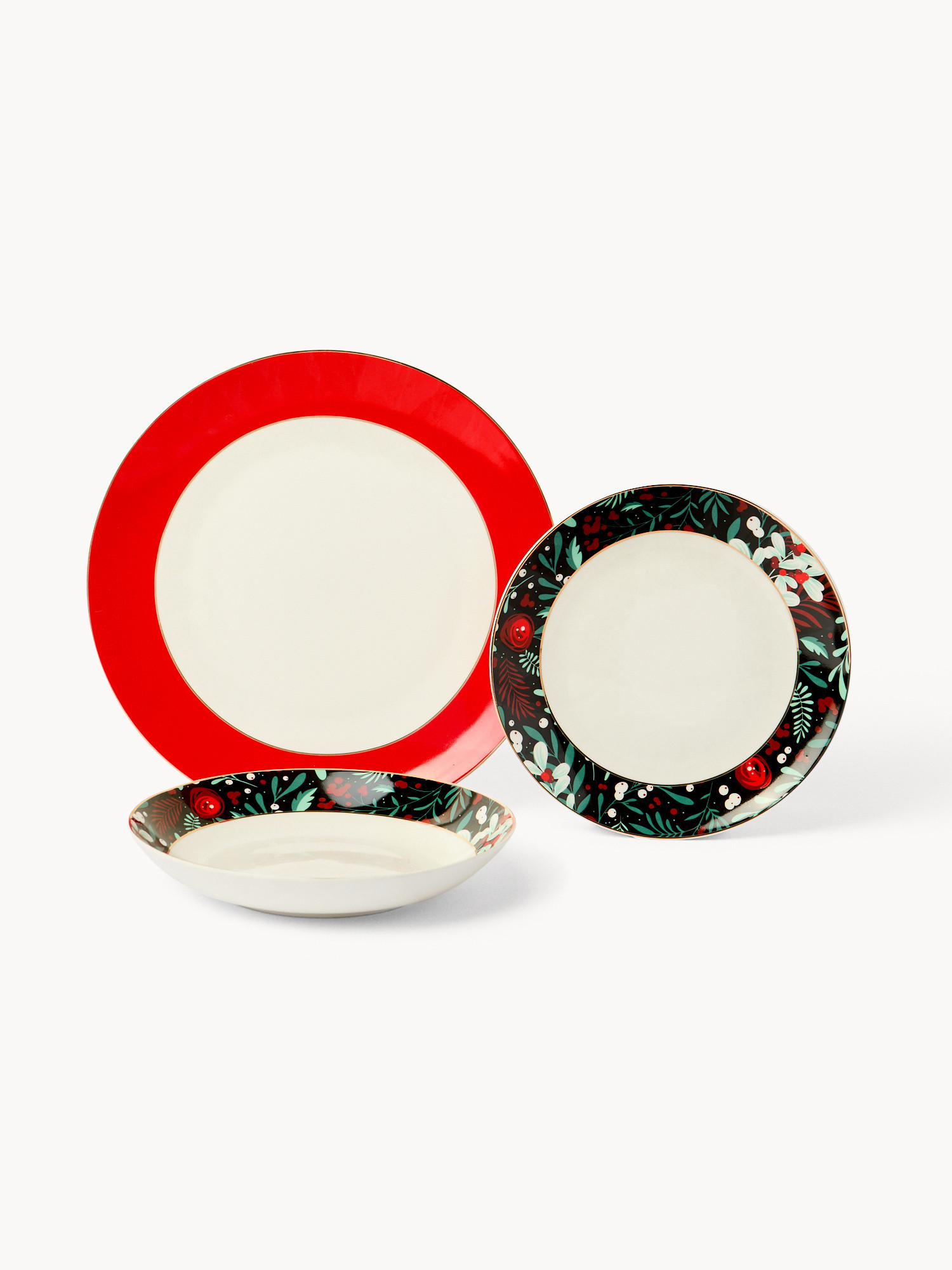 Set of 18 New Bone China plates with flower decoration, White, large image number 0