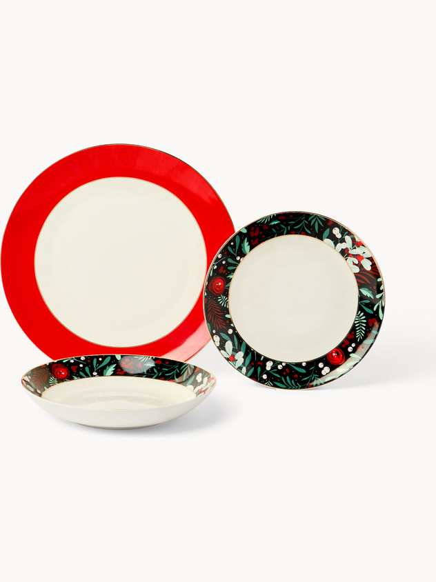 Set of 18 New Bone China plates with flower decoration