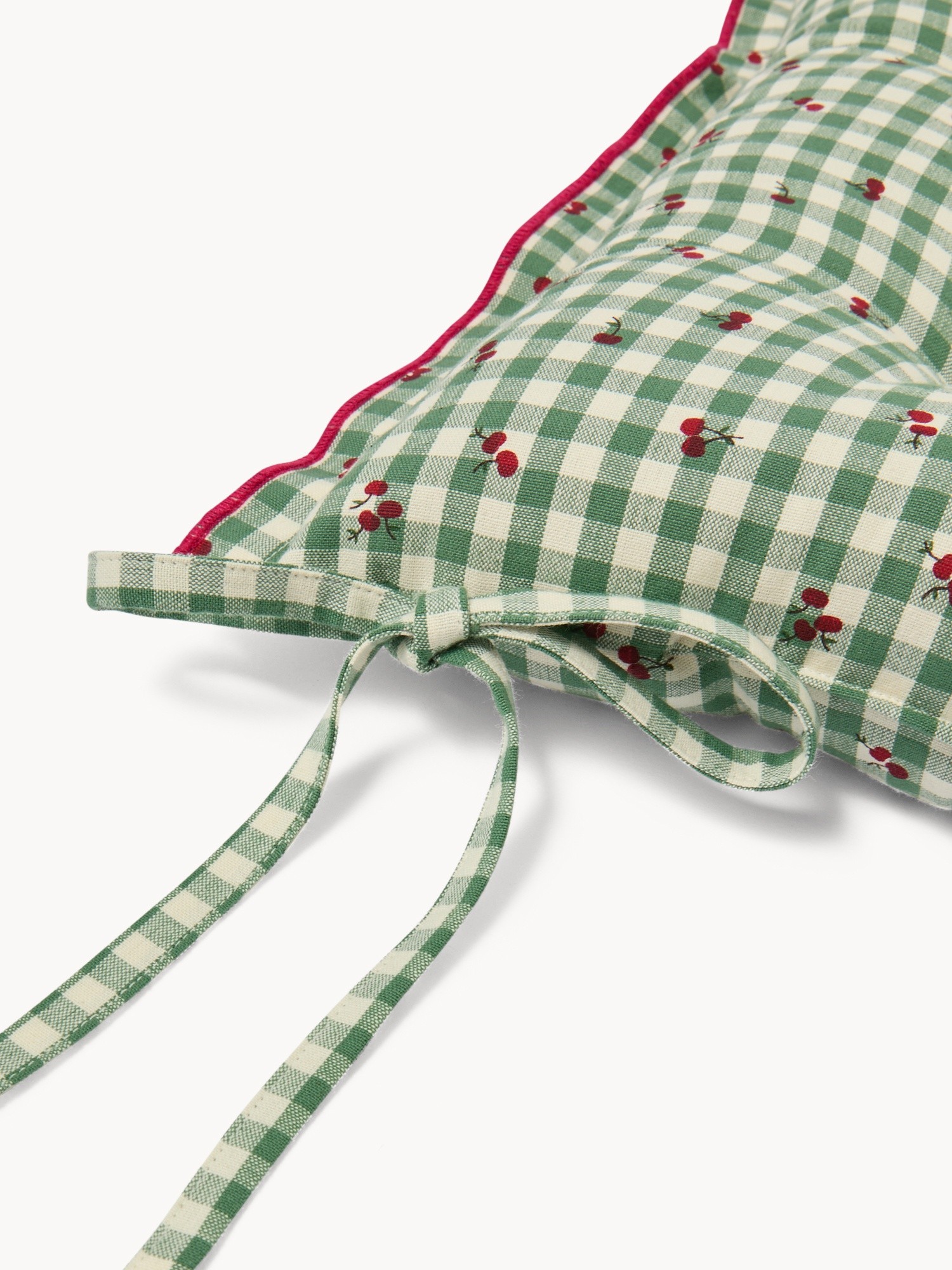 Cuscino da sedia in puro cotone tinto filo vichy con stampa ciliegie e piping - Prezzo di lancio, Verde, large image number 1