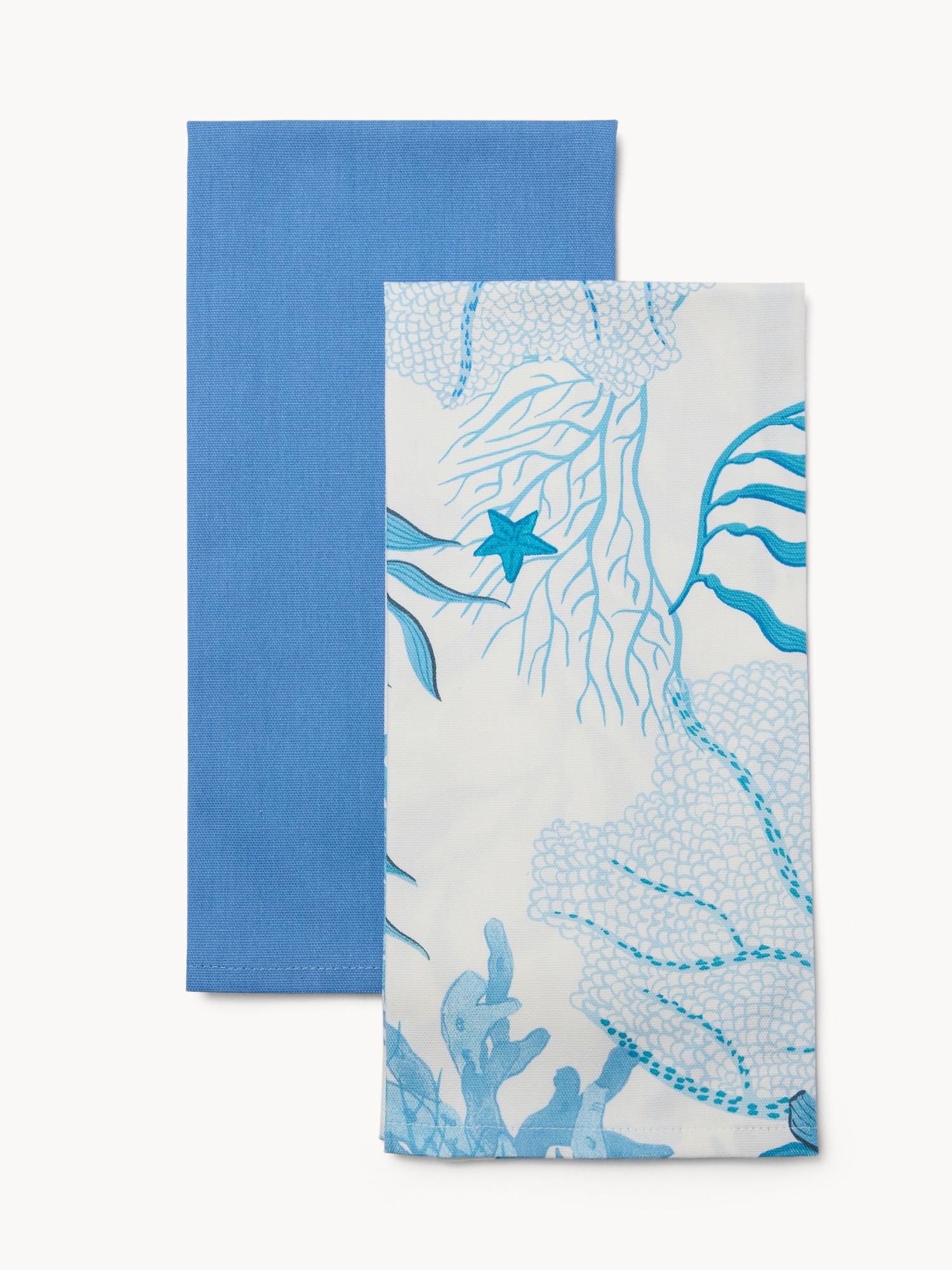 Set of 2 Panama cotton tea towels with a marine print - Introductory price, White / Blue, large image number 0