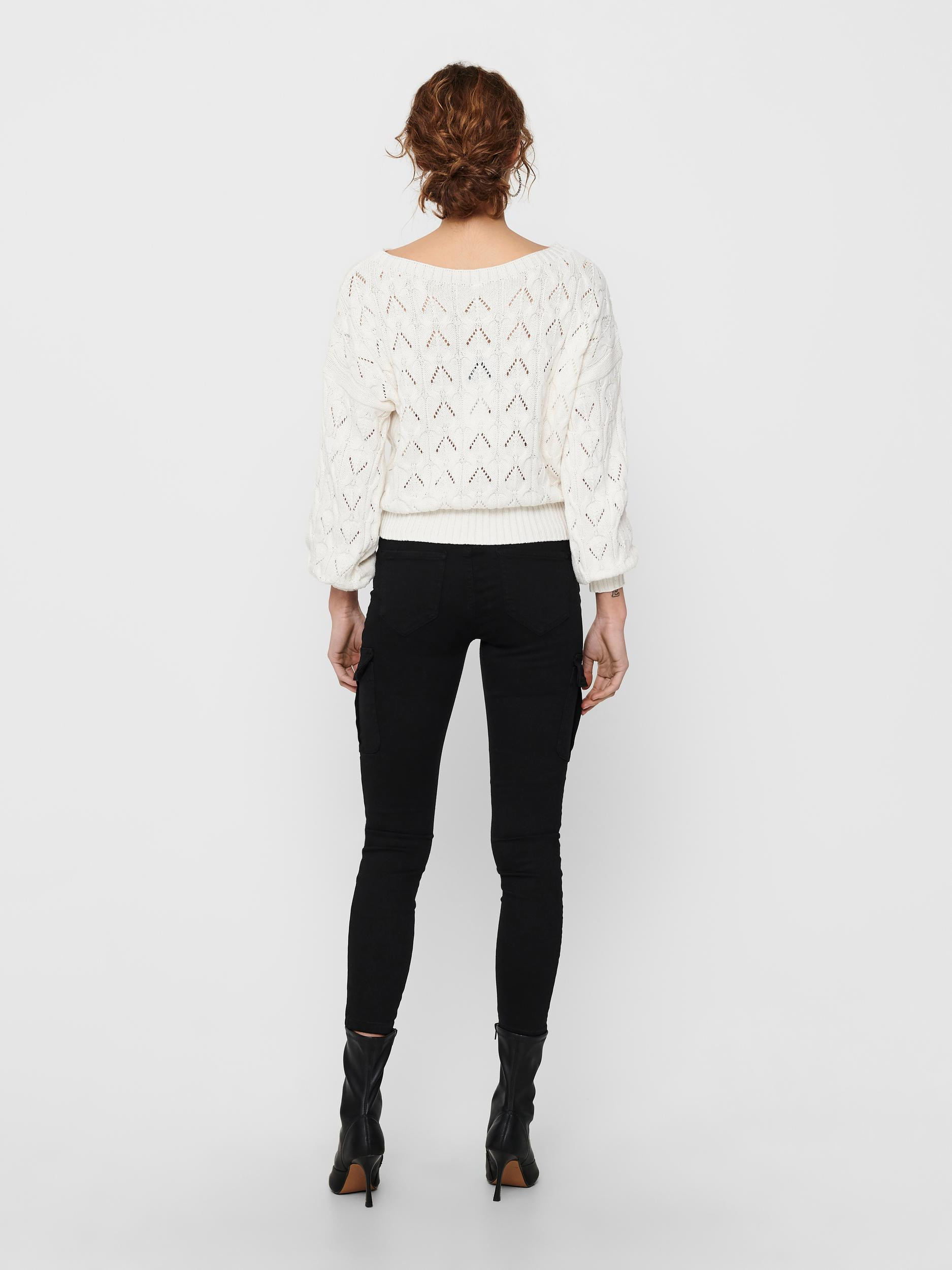 Only - Boat neck pullover with pointelle detail, White, large image number 3
