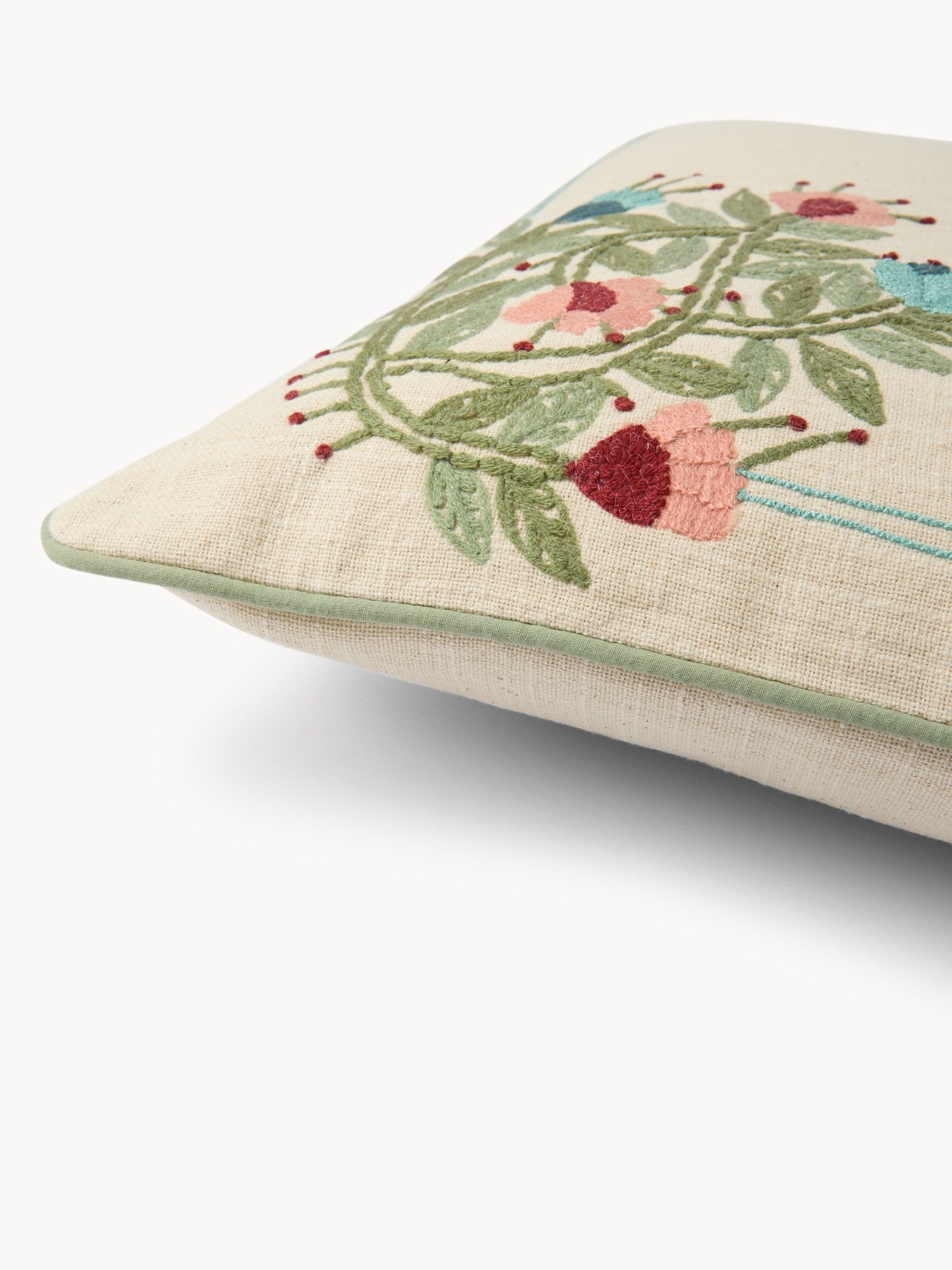 Cotton slub pillow with floral embroidery, 45x45cm - Discounted Price, Beige, large image number 2
