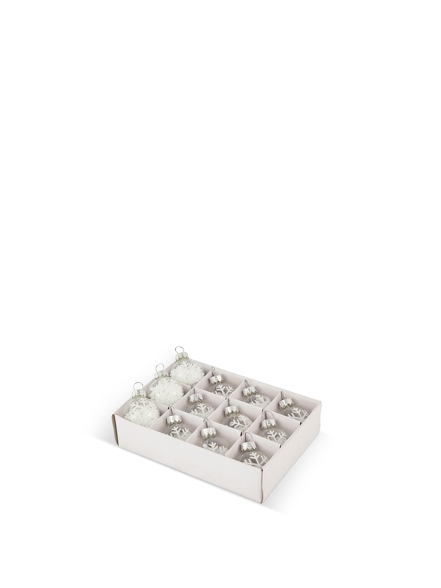 Box di 12 palline di vetro trasparente con palline bianche effetto neve, Bianco, large image number 0