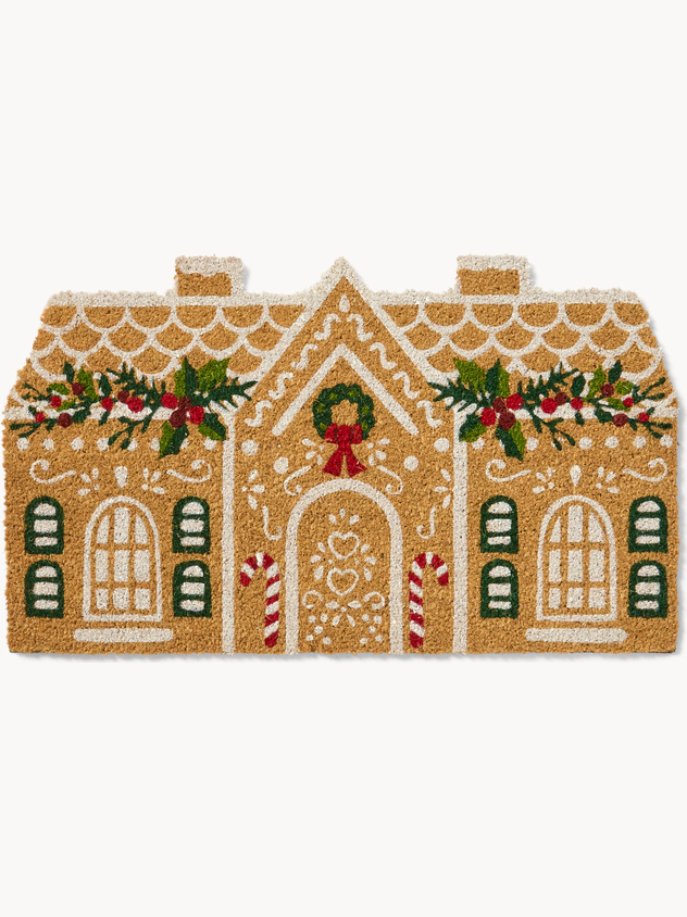 Shaped coconut doormat with Christmas house print