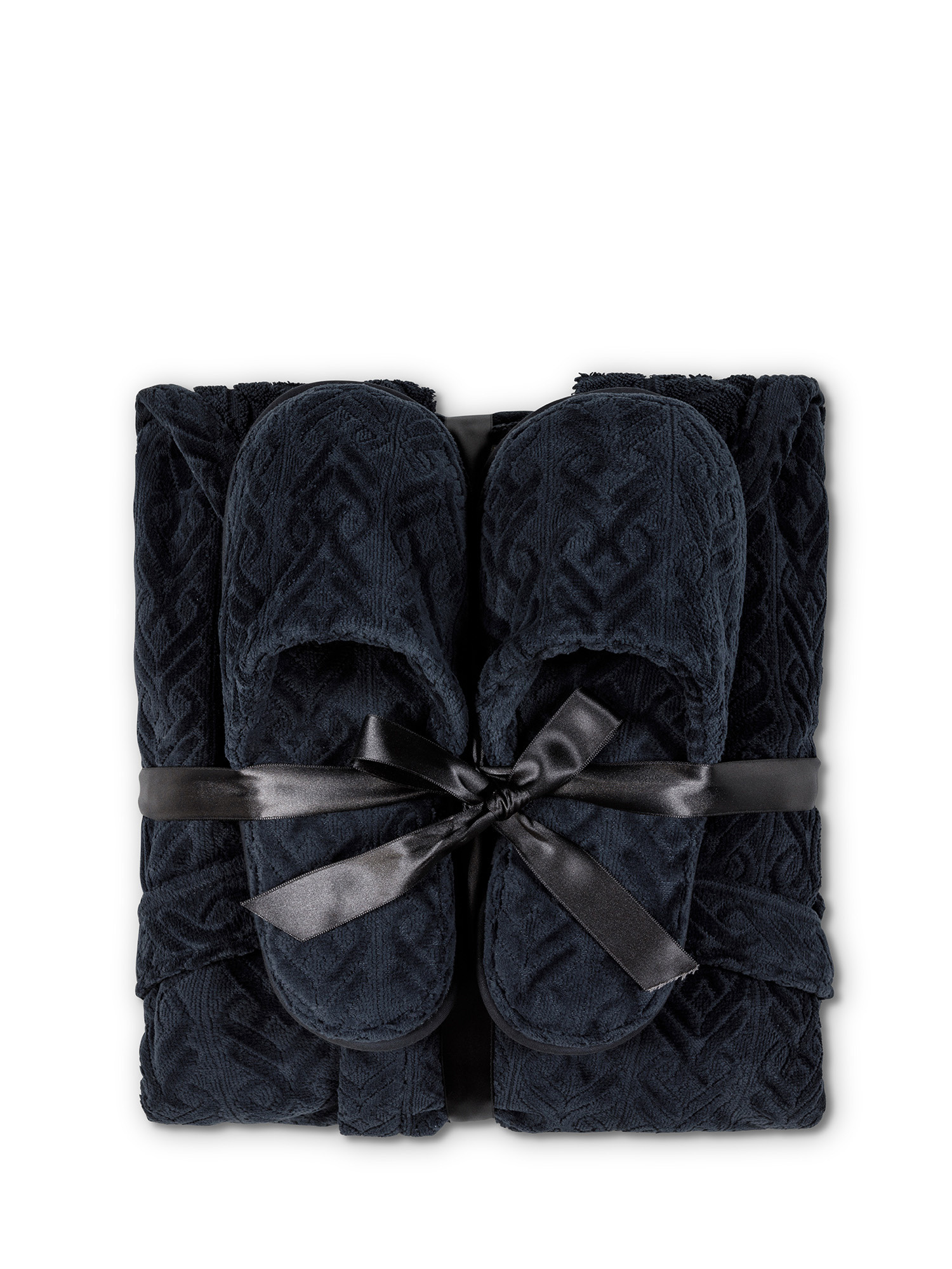 Men's bathrobe and slippers set in velor cotton terry with relief pattern, Grey, large image number 2