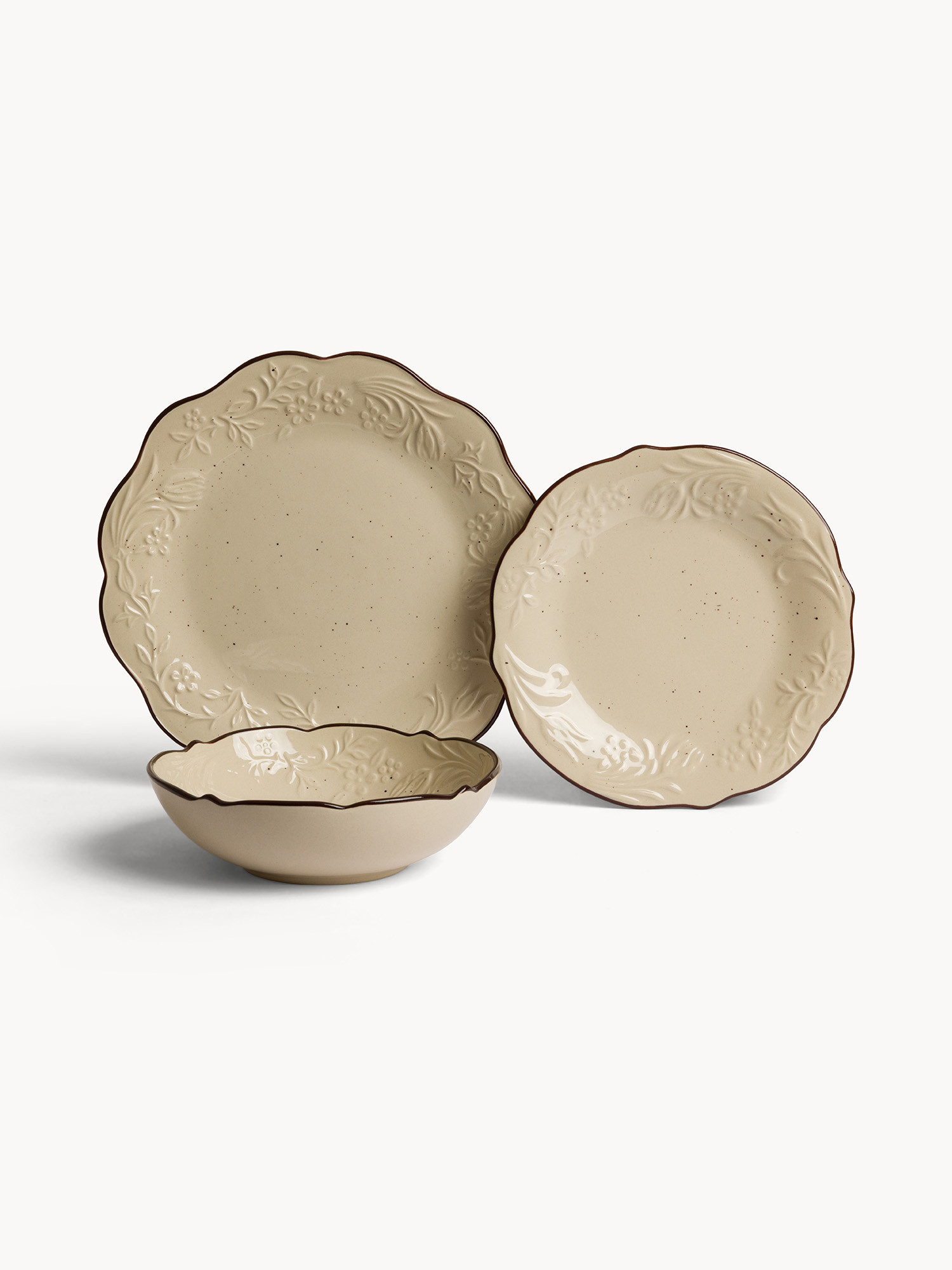 Piatto piano in stoneware con filo marrone, Beige chiaro, large image number 2