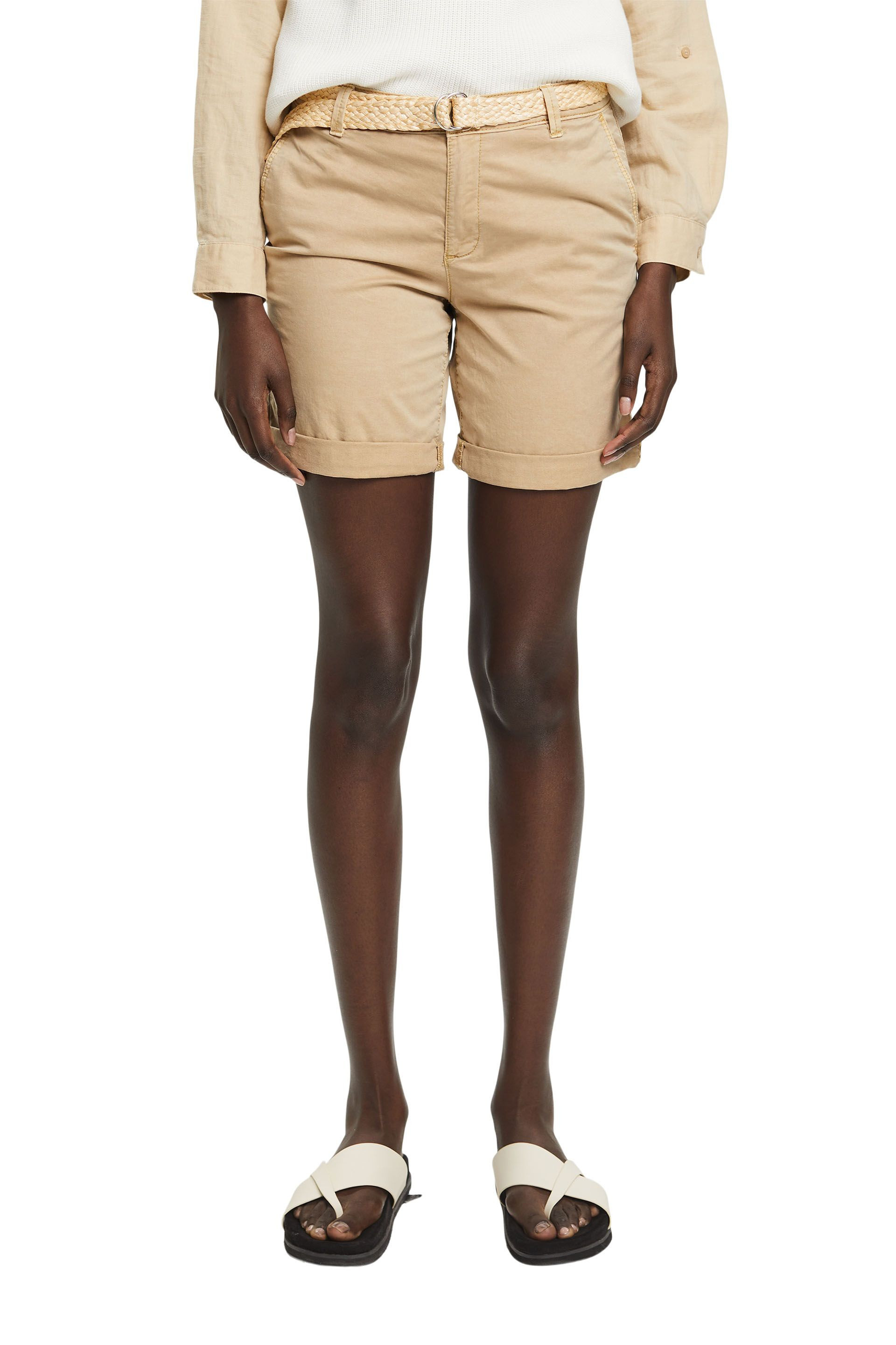 Esprit - Shorts con cintura intrecciata in rafia, Sabbia, large image number 2