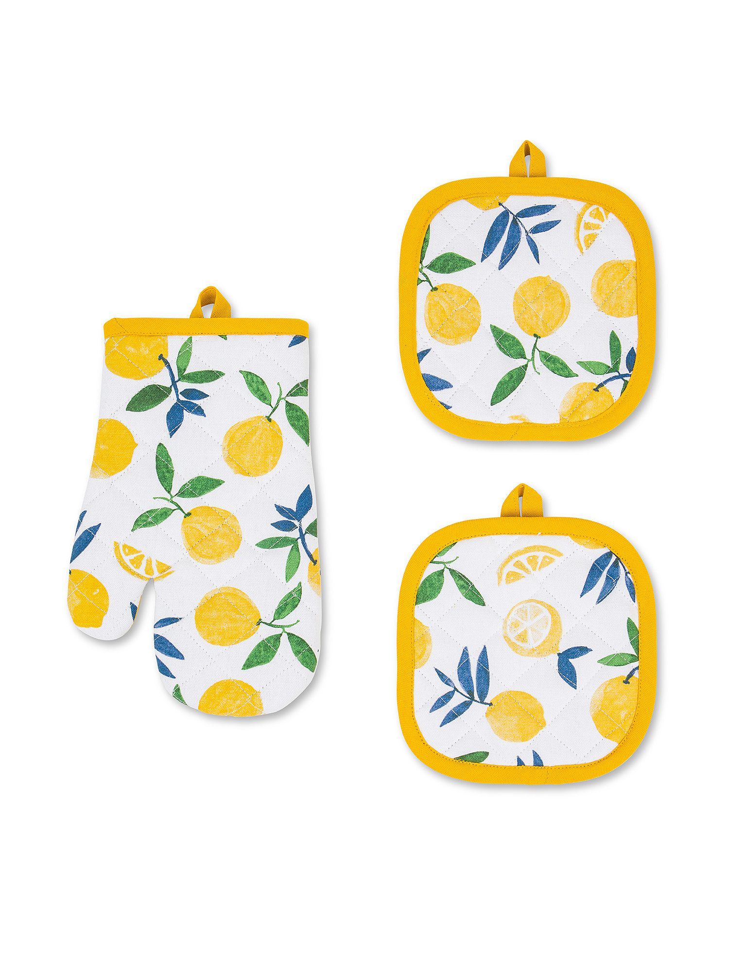 Set of 2 pot holders and a lemon print kitchen glove, White, large image number 0