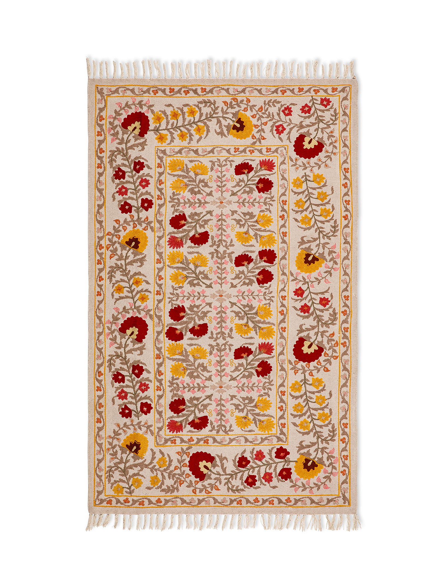 Tappeto cotone con stampa e ricamo fiori, Beige, large image number 0