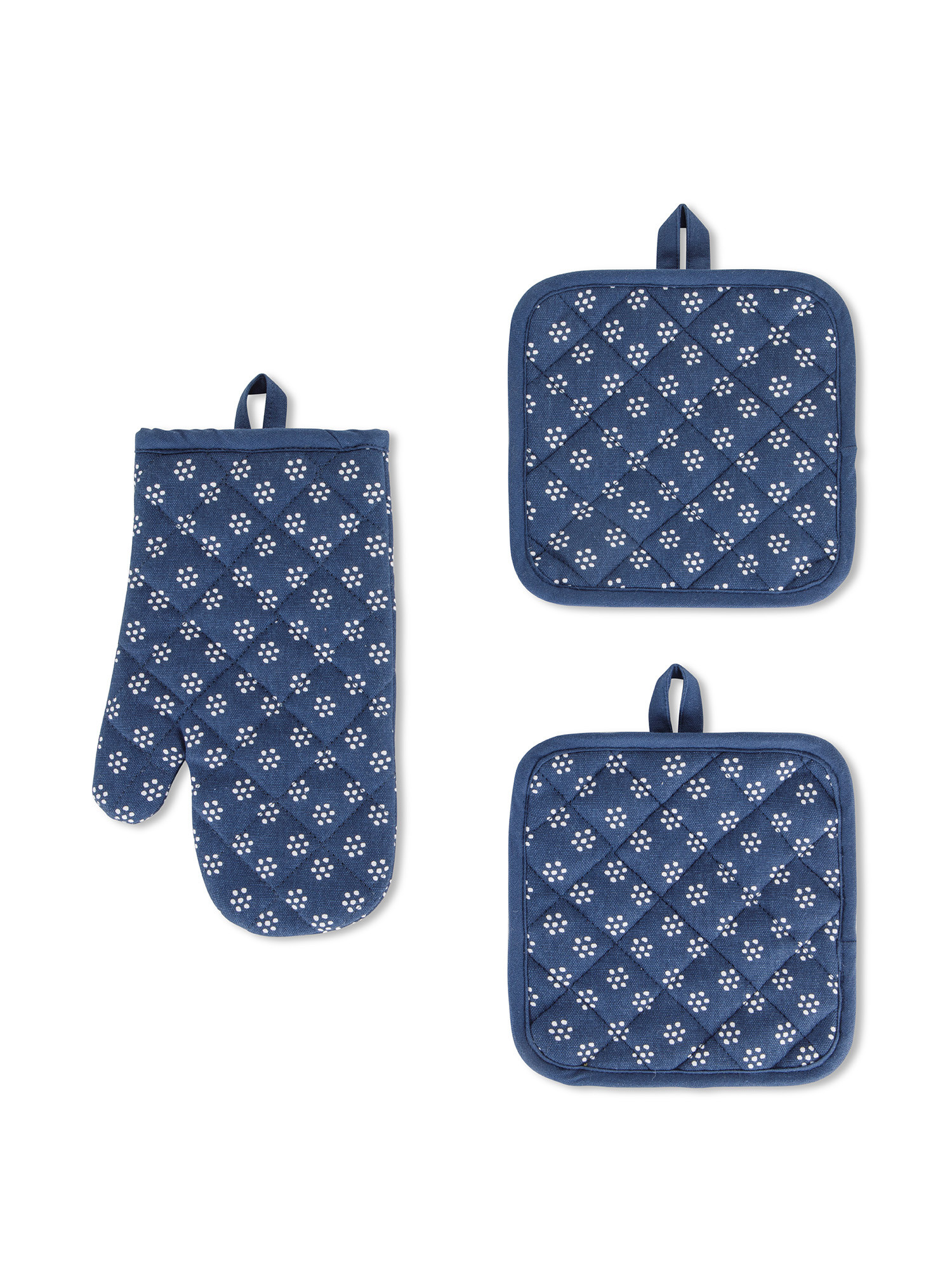 Set 2 presine e guanto da cucina puro cotone stampa dots, Blu, large image number 0