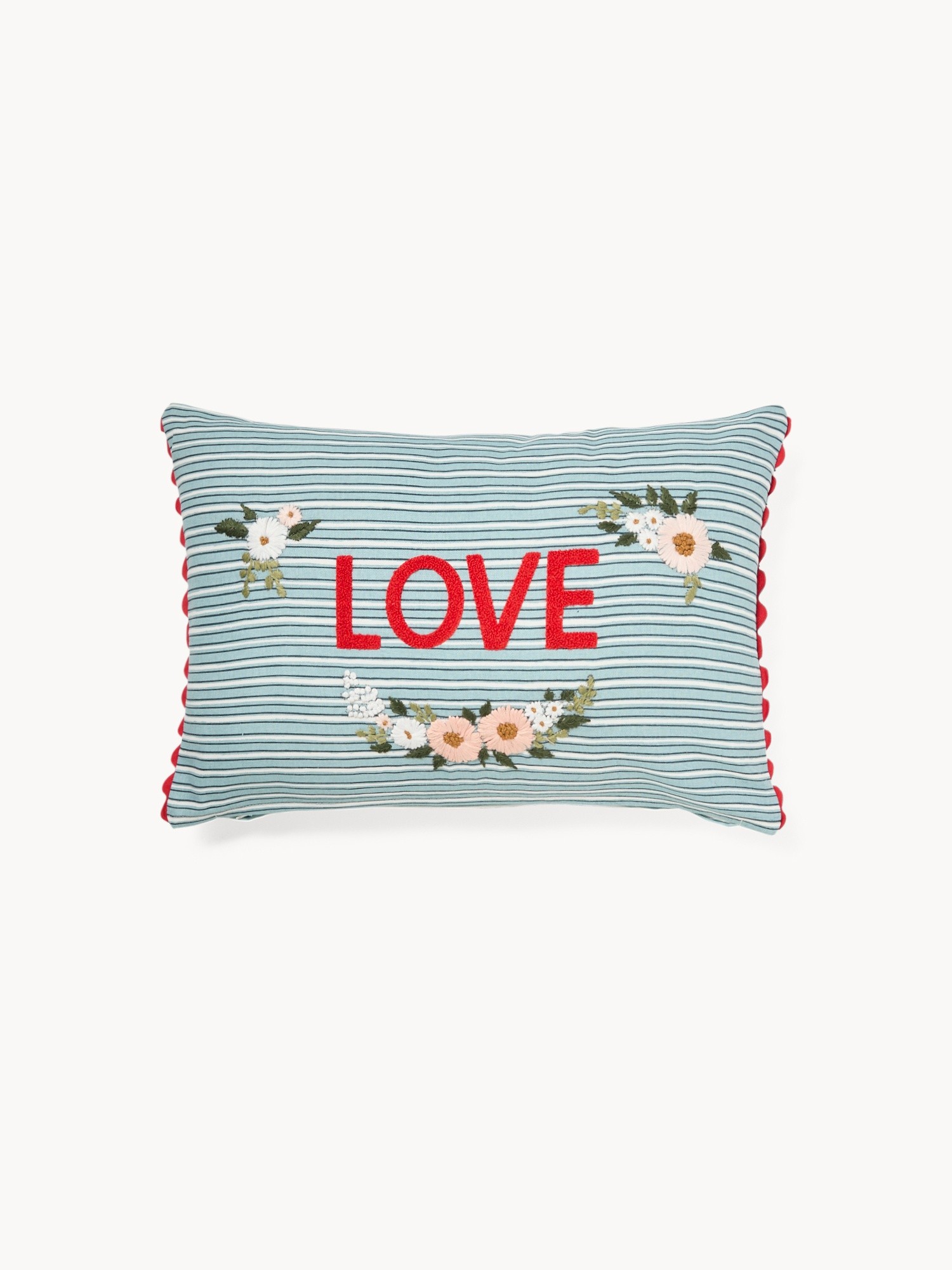 Cotton gingham cushion with Love embroidery, 35x50cm - Discounted Price, Blue, large image number 0