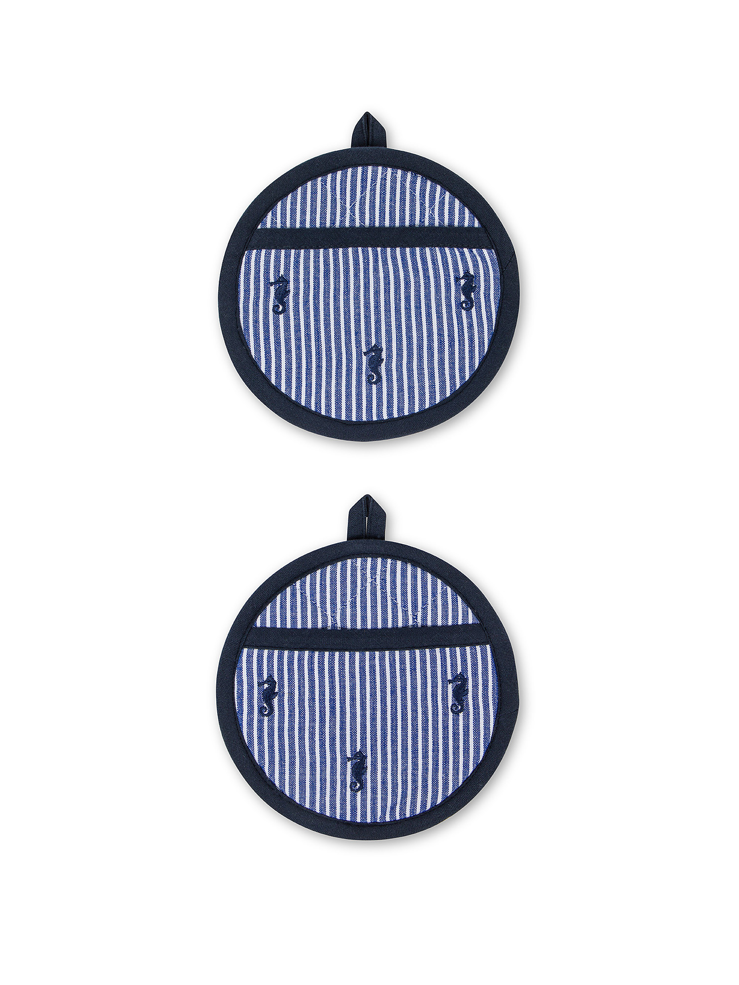 Set of 2 round pot holders with seahorse embroidery, Blue, large image number 0