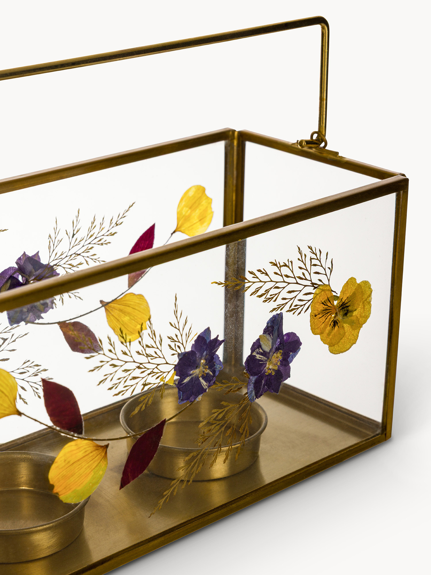 Porta t-light in vetro ed ottone con fiori secchi, Oro, large image number 1