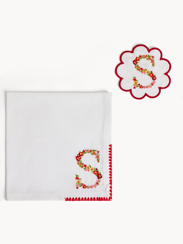 Napkin and coaster set with embroidered letter S