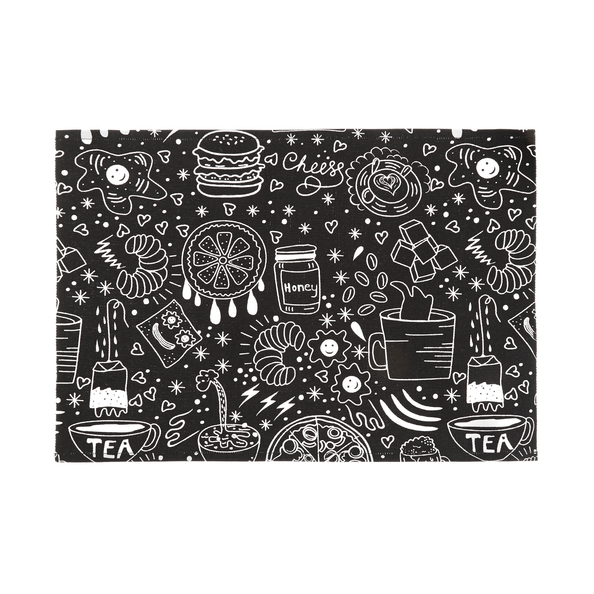 100% cotton table mat with food print, Black, large image number 0