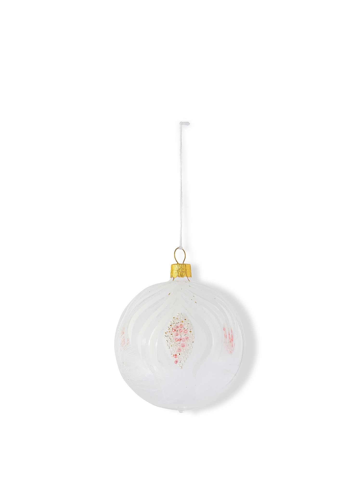 Hand-decorated hand-blown glass sphere with feather, White, large image number 0