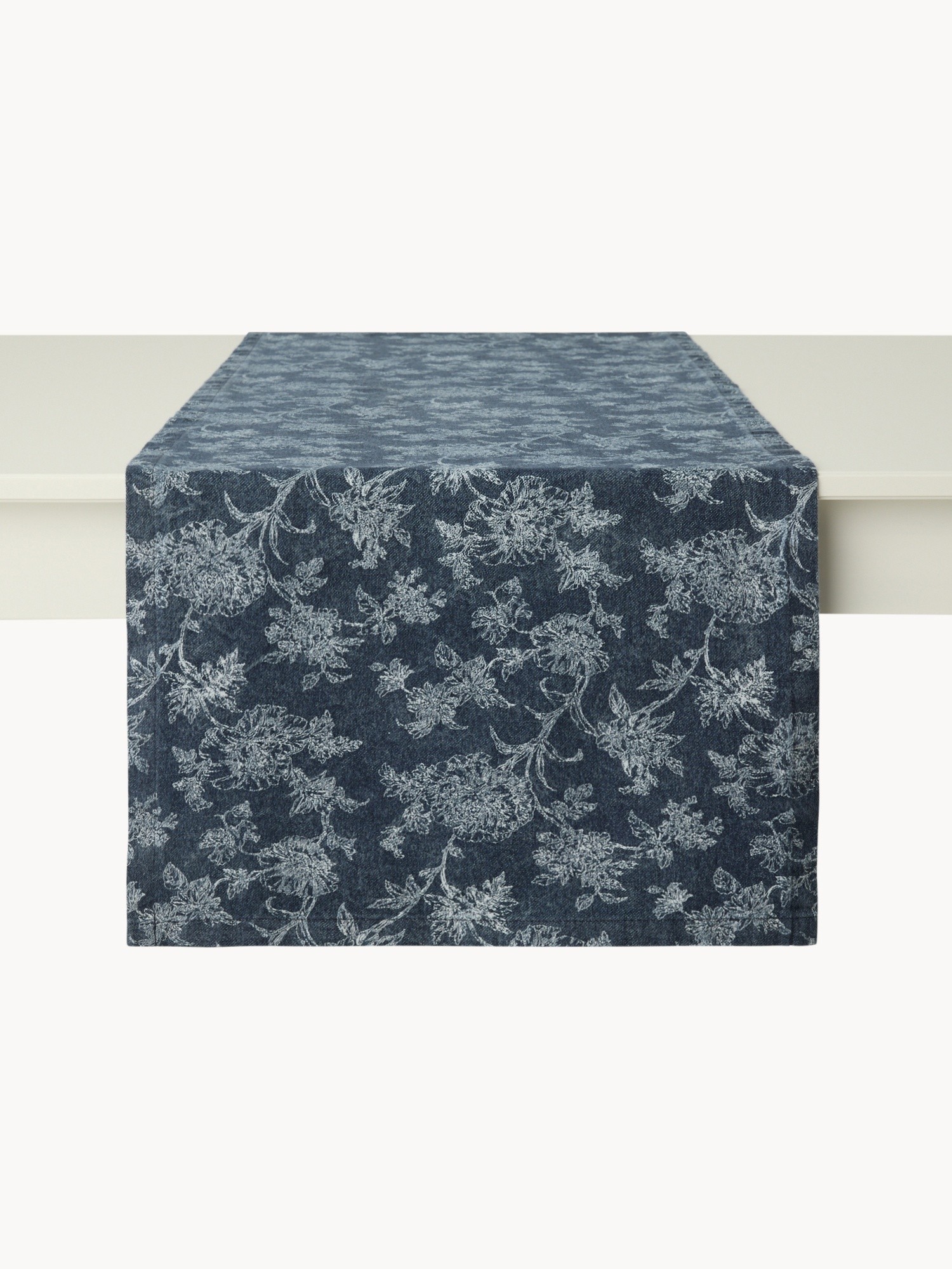 Cotton Twill Table Runner with Denim-Effect Floral Print - Discounted Price, Blue, large image number 1