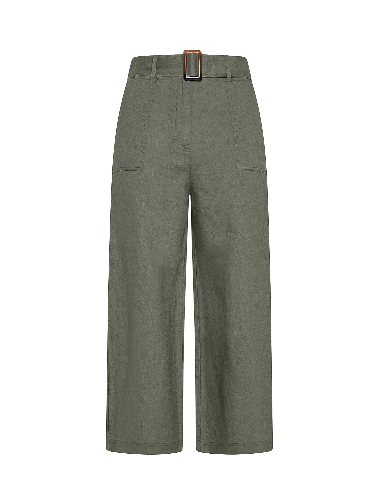 Pantalone 3/4 puro lino con cintura, Verde, large image number 0