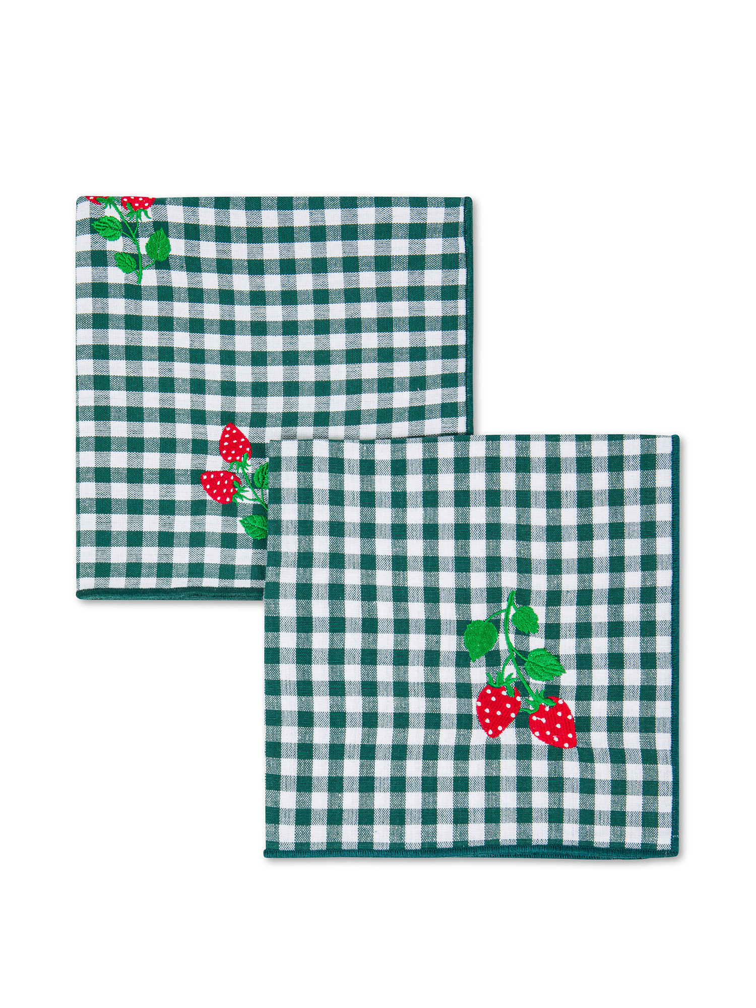 Set of 2 vichy cotton napkins with strawberry embroidery, Dark Green, large image number 0