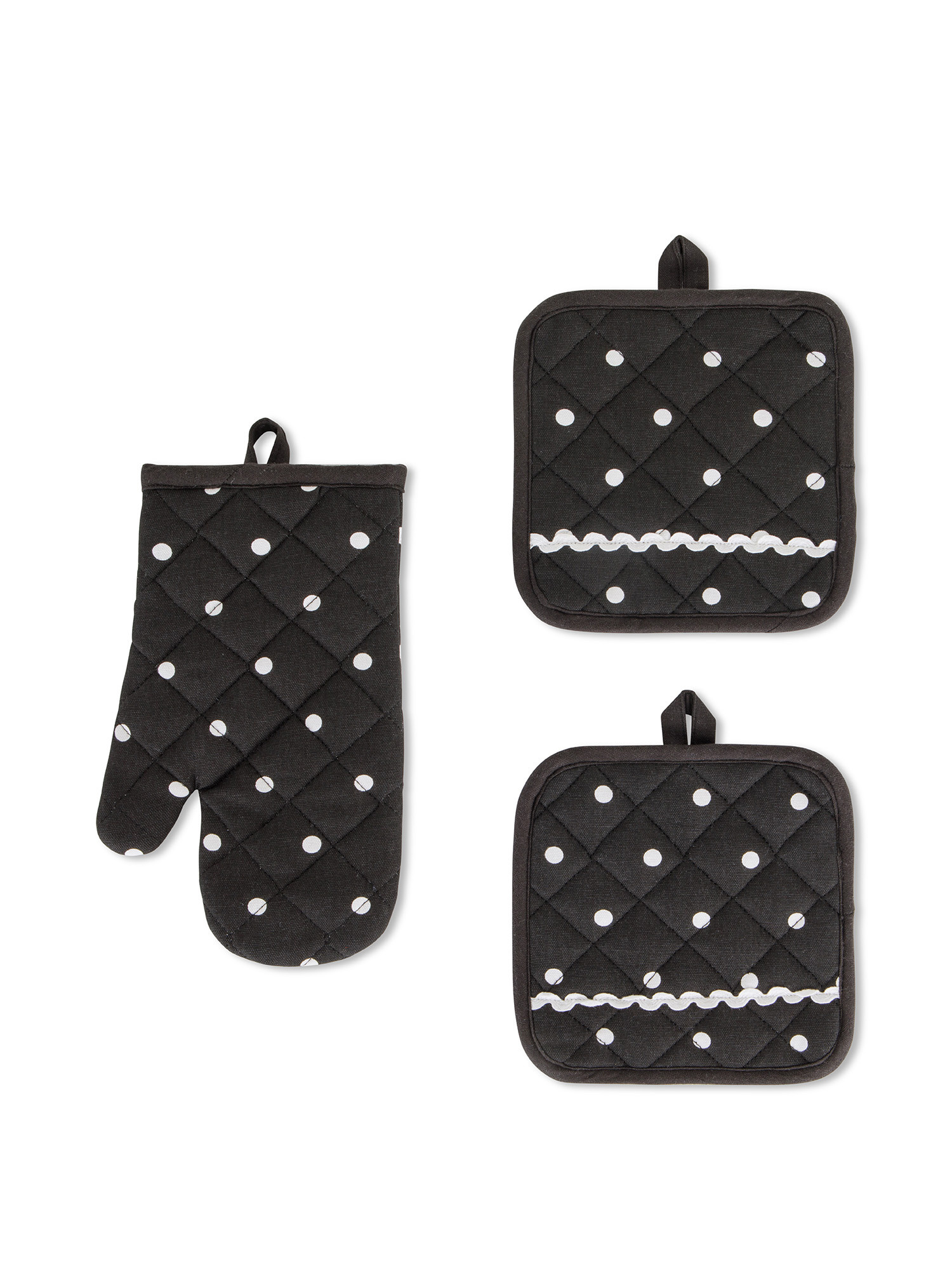 Set of 2 pot holders and kitchen glove in 100% cotton with polka dot print, Black, large image number 0